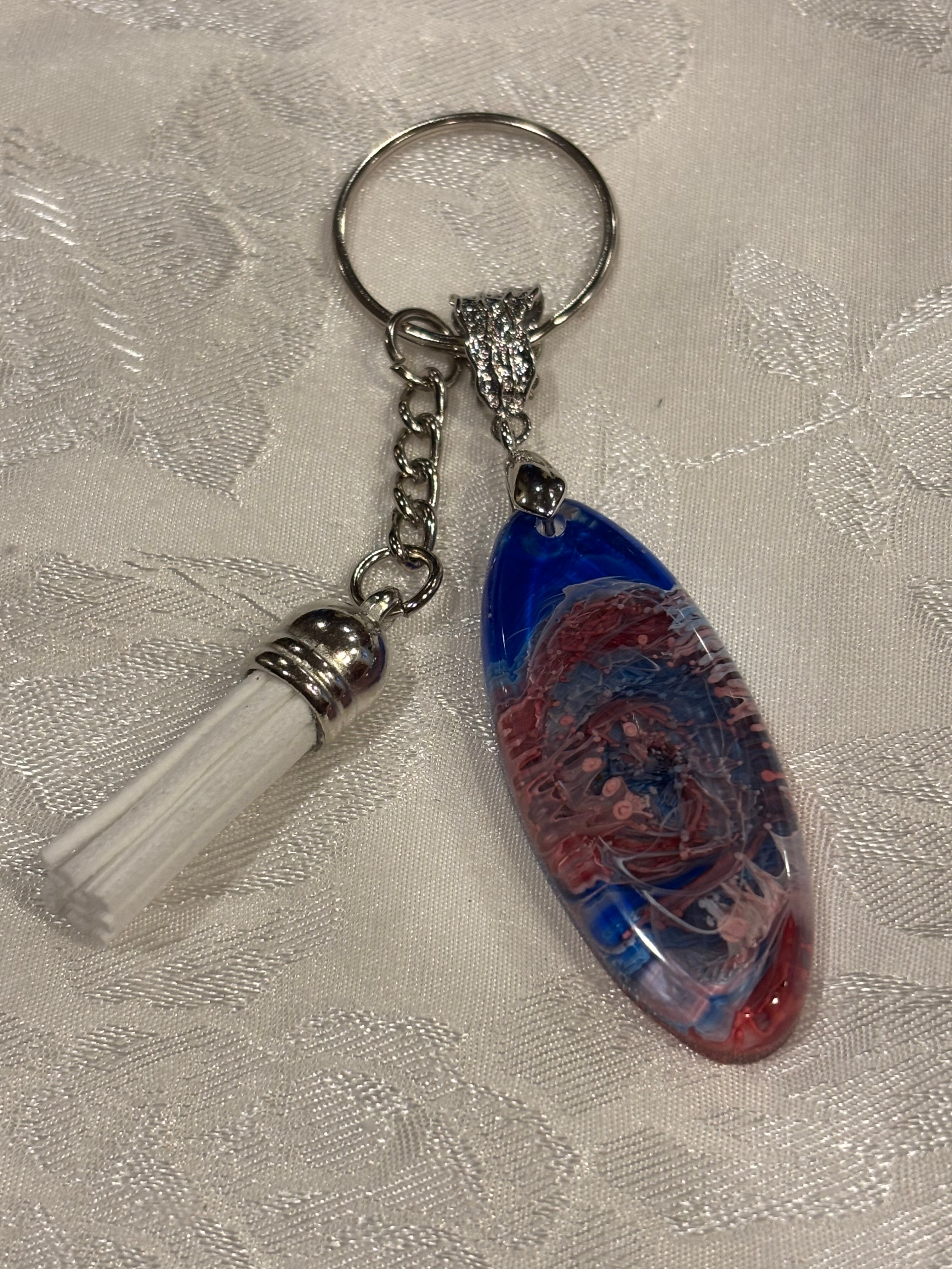 Oblong Oval Petri Swirl Resin Keychain – Blue & Red Abstract Resin Art Keyring with Tassel – Handmade Unique Gift