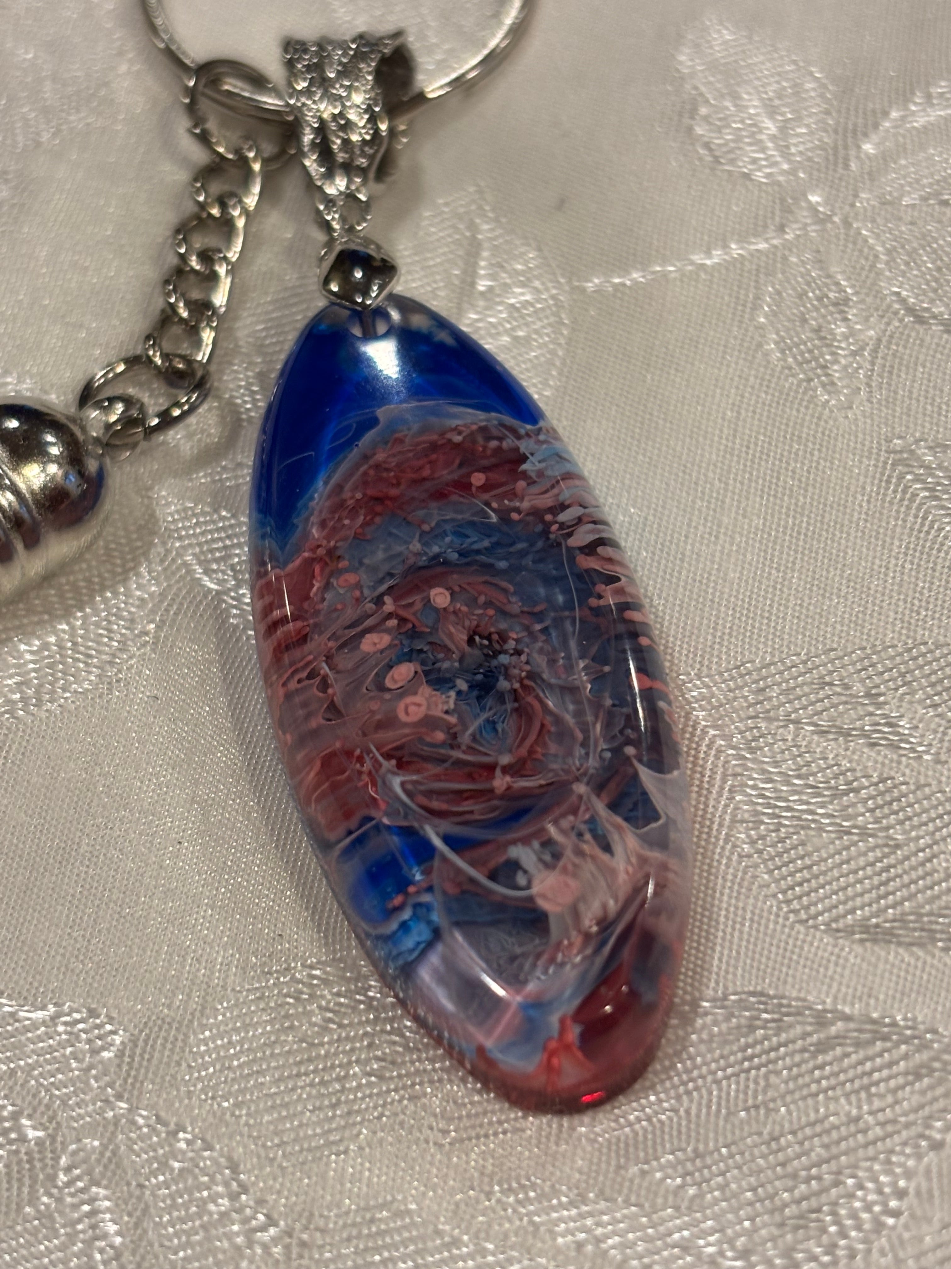 Oblong Oval Petri Swirl Resin Keychain – Blue & Red Abstract Resin Art Keyring with Tassel – Handmade Unique Gift