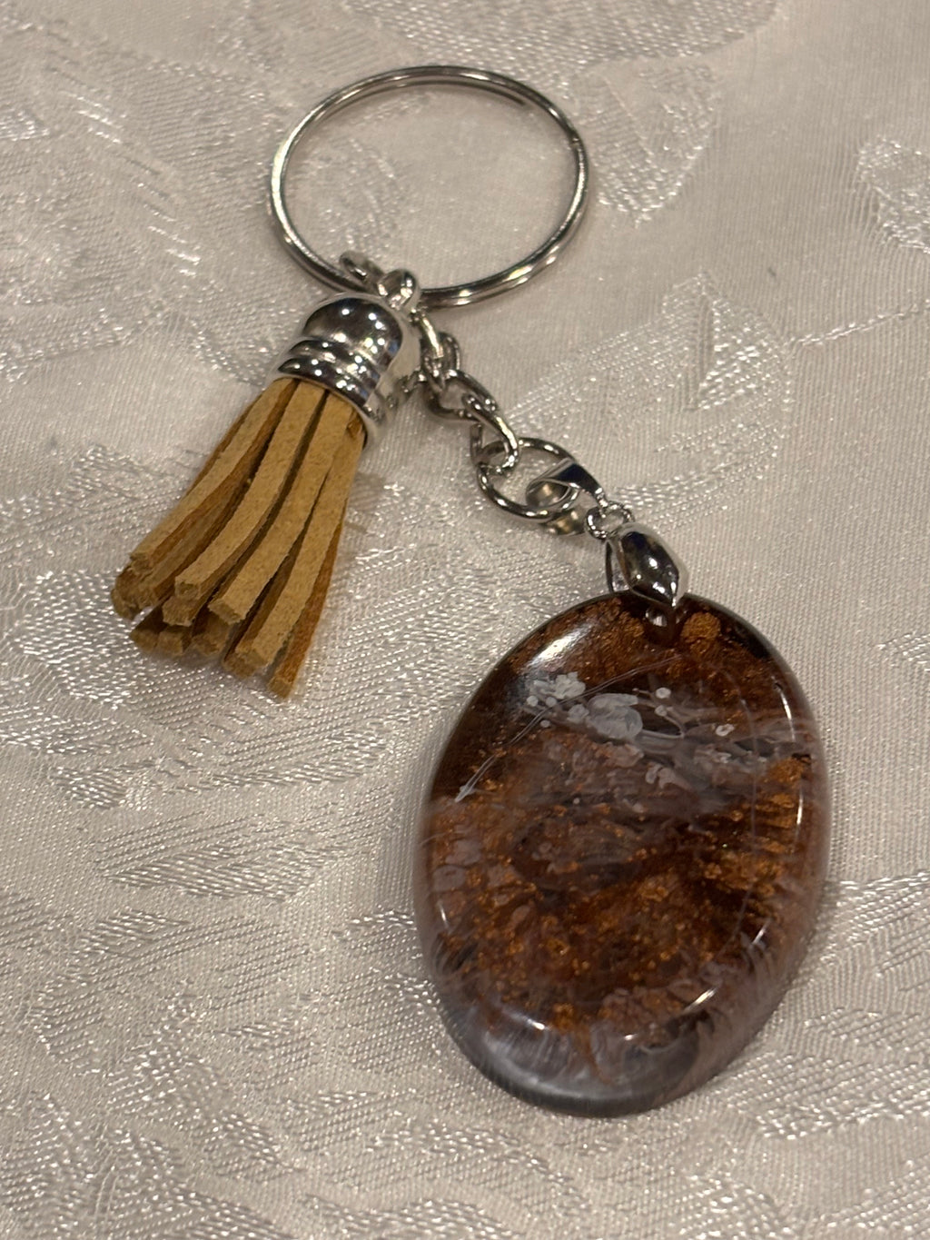 Oval Copper Speckled Resin Keychain with Tassel – Handmade Earthy Boho Key Ring, Unique Artisan Bag Charm Gift