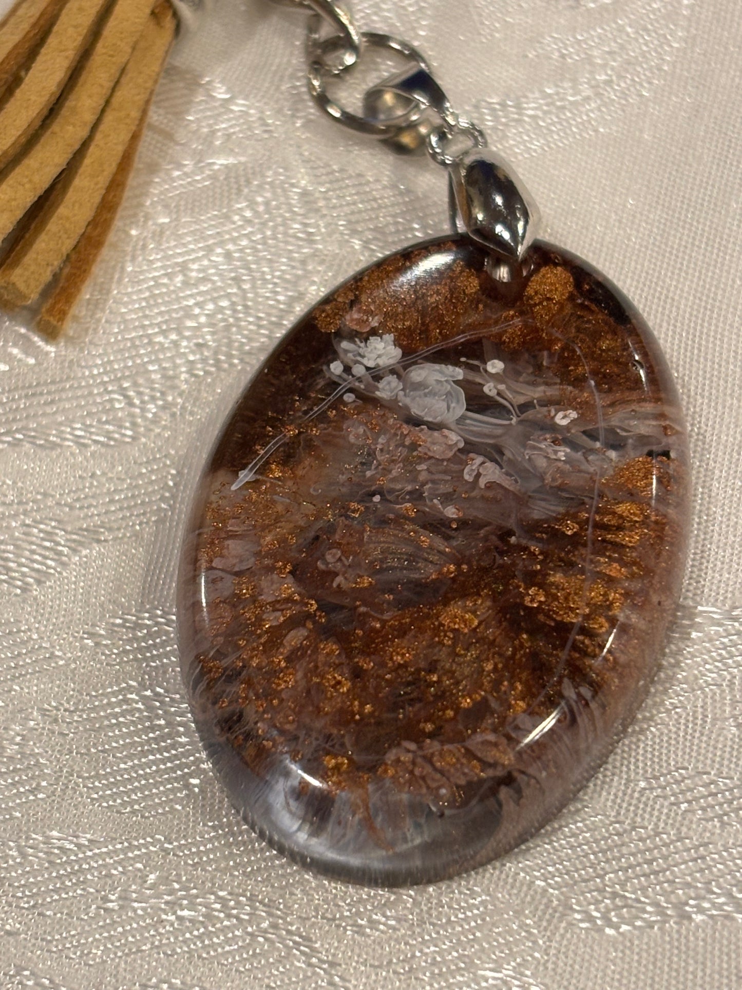 Oval Copper Speckled Resin Keychain with Tassel – Handmade Earthy Boho Key Ring, Unique Artisan Bag Charm Gift