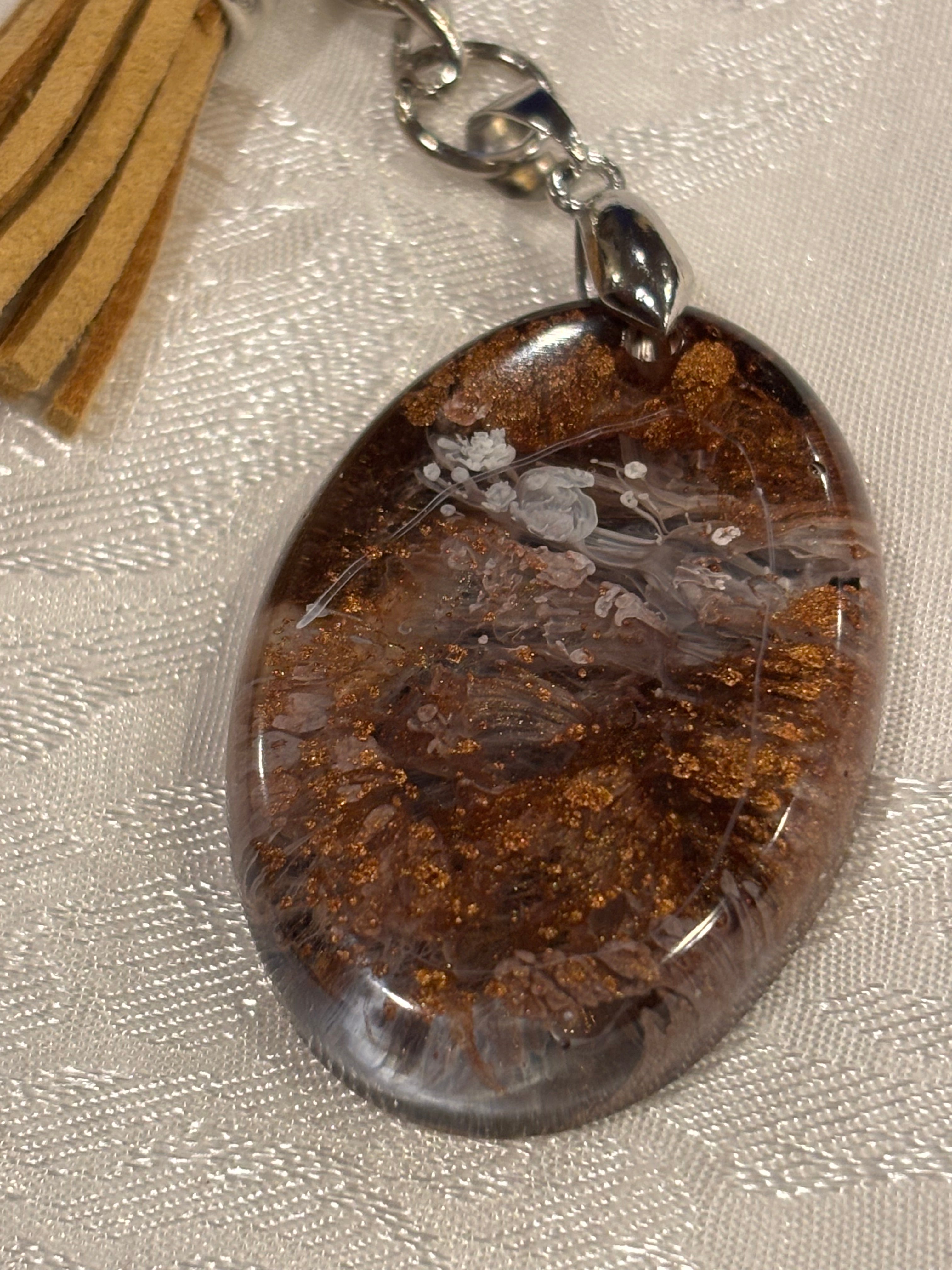 Oval Copper Speckled Resin Keychain with Tassel – Handmade Earthy Boho Key Ring, Unique Artisan Bag Charm Gift