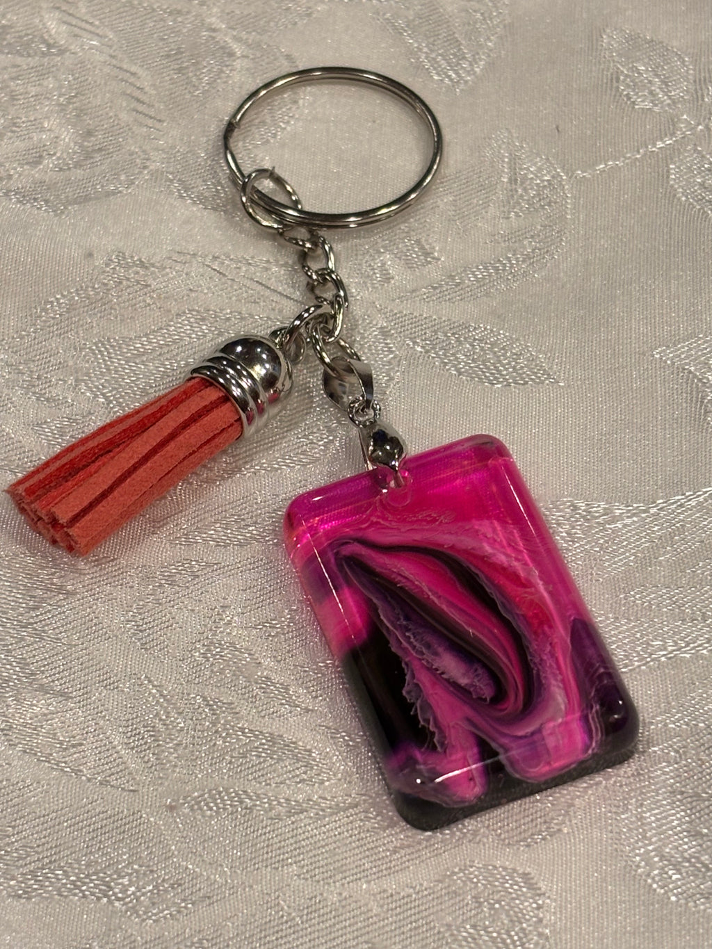Pink & Black Petri Swirl Resin Keychain – Handmade Abstract Art Keychain with Tassel – Unique Gift for Her – One of a Kind Resin Key Fob