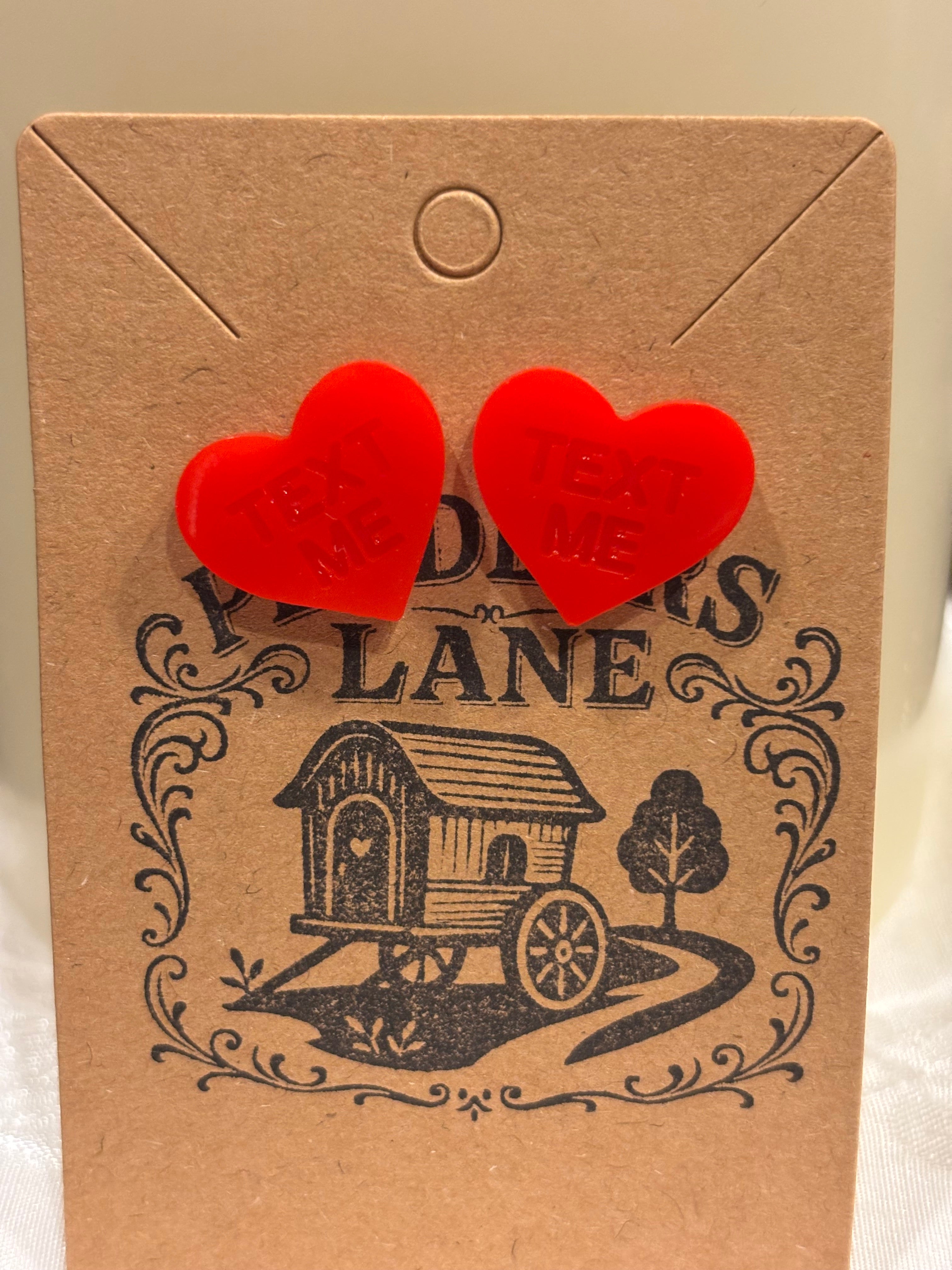 Conversation Heart Stud Earrings – Resin Heart Earrings, Valentine’s Day Jewelry, Cute Candy Heart Studs, Gift for Her