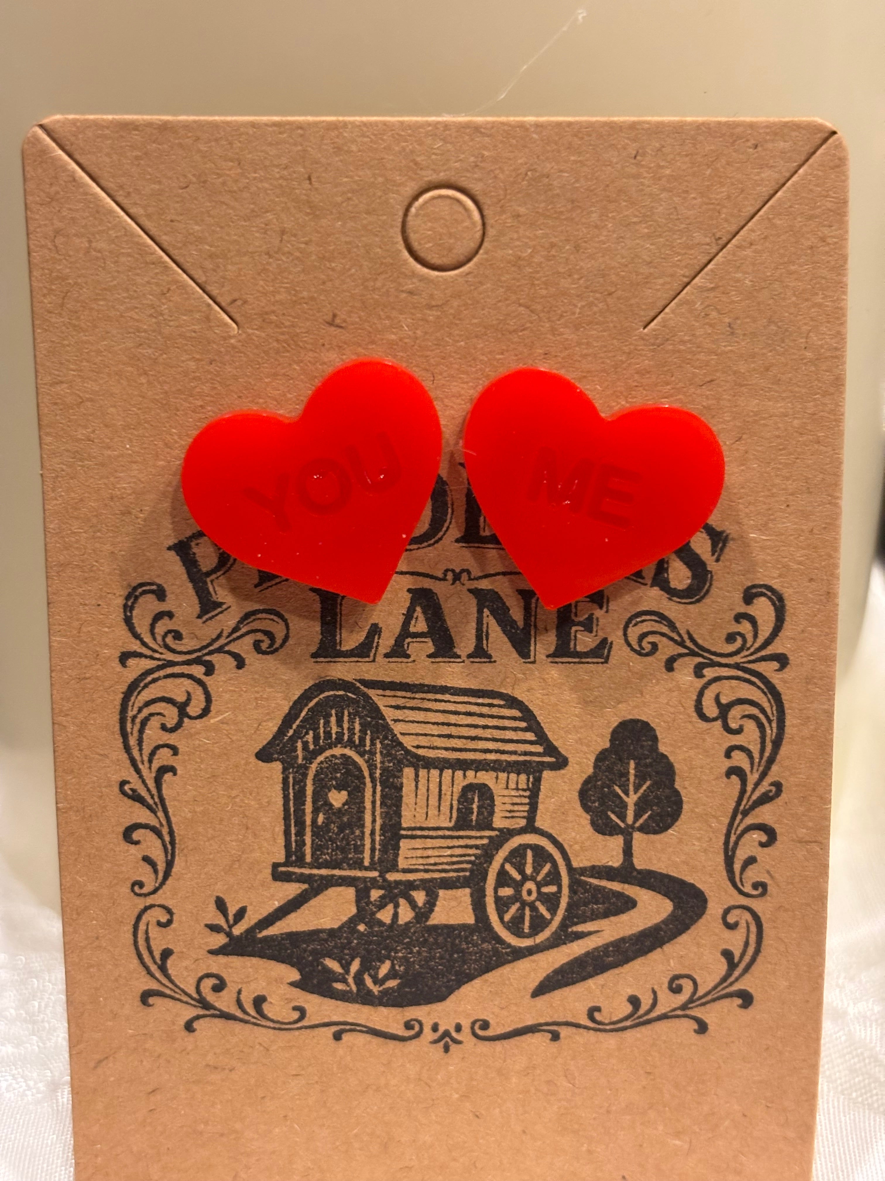 Conversation Heart Stud Earrings – Resin Heart Earrings, Valentine’s Day Jewelry, Cute Candy Heart Studs, Gift for Her