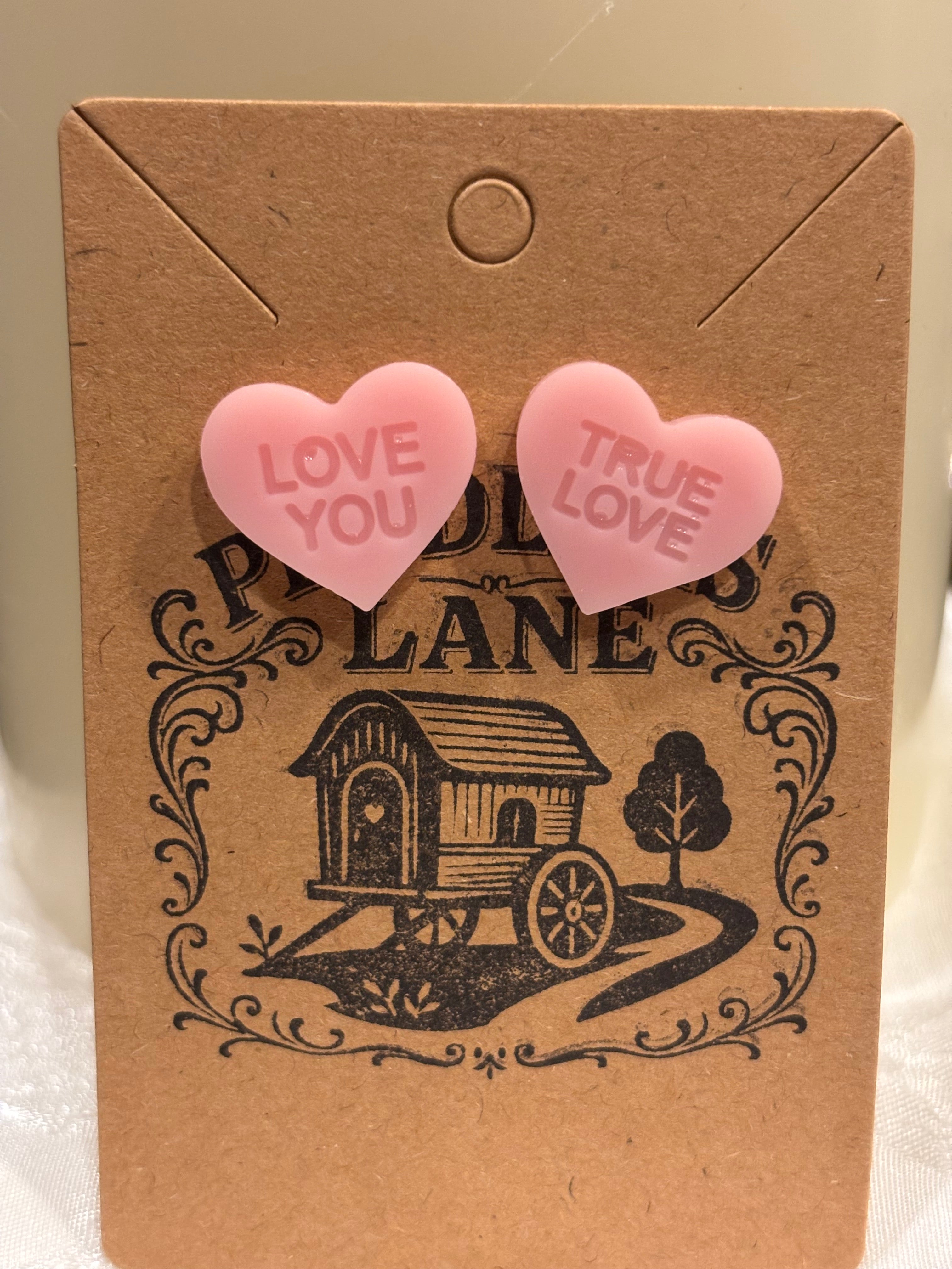 Conversation Heart Stud Earrings – Resin Heart Earrings, Valentine’s Day Jewelry, Cute Candy Heart Studs, Gift for Her