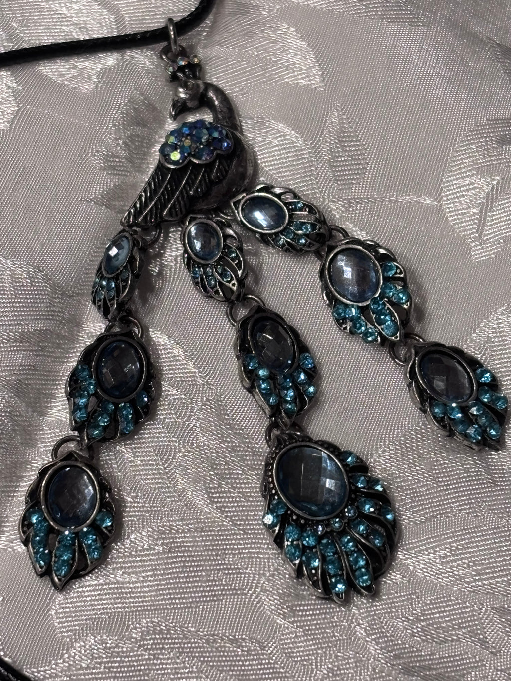 Faceted Peacock Pendant Necklace Blue Crystal Antique Silver Statement Jewelry