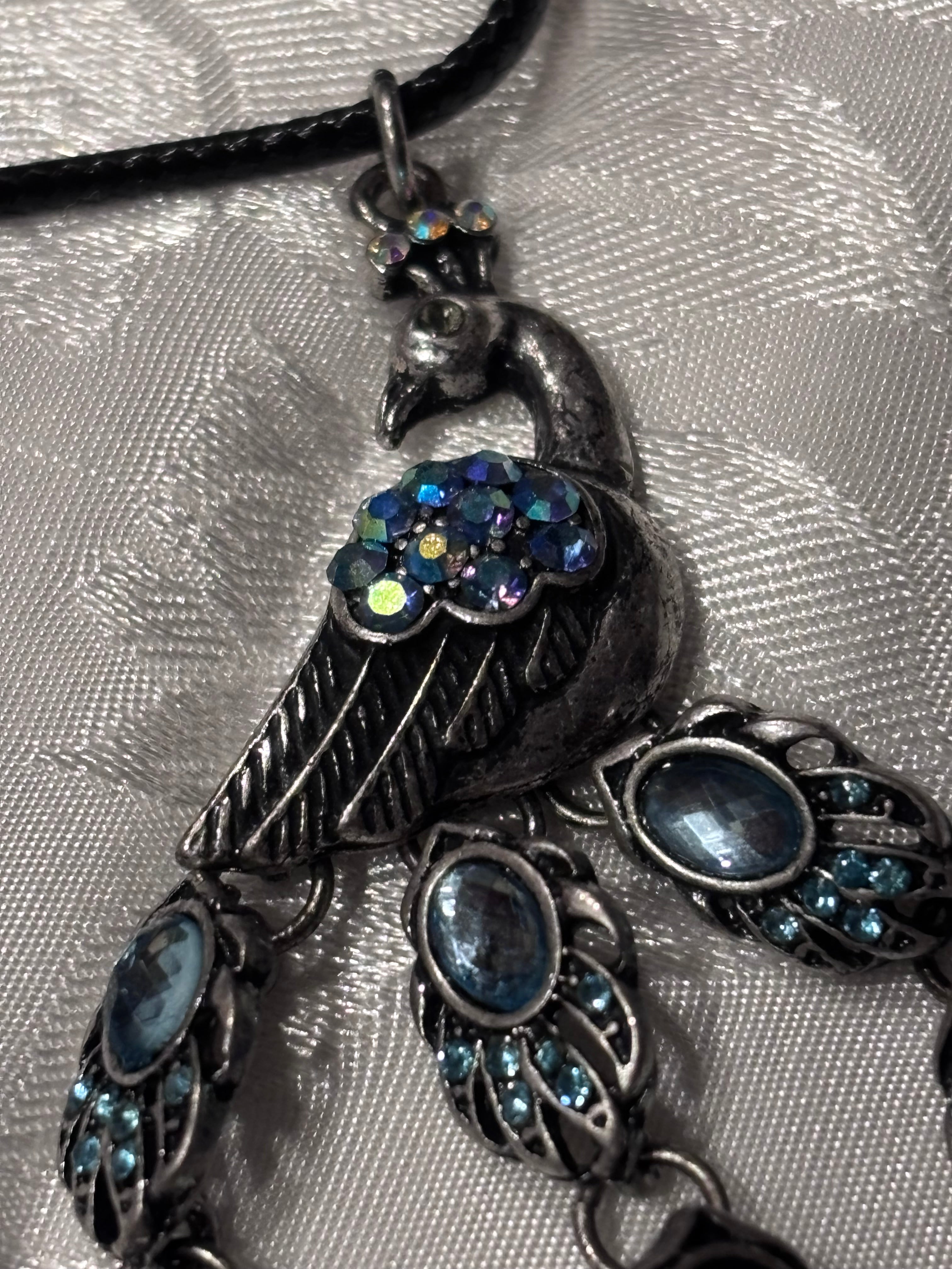 Faceted Peacock Pendant Necklace Blue Crystal Antique Silver Statement Jewelry