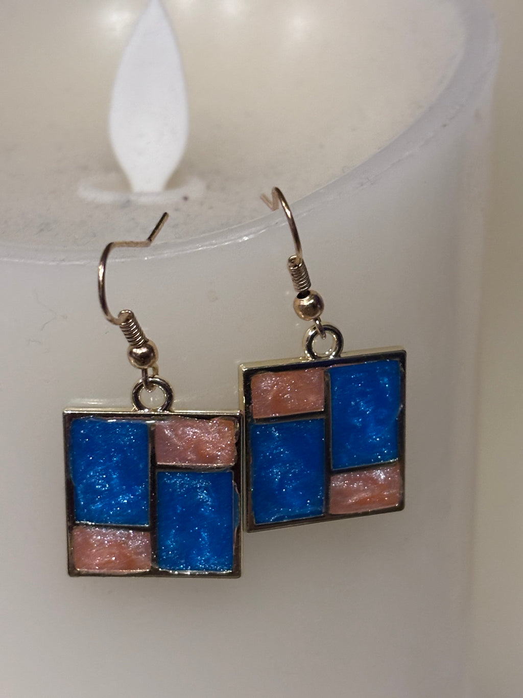 Geometric Resin Earrings, Blue and Blush Block Dangle Earrings, Modern Abstract Resin Jewelry, Lightweight Handmade Earrings