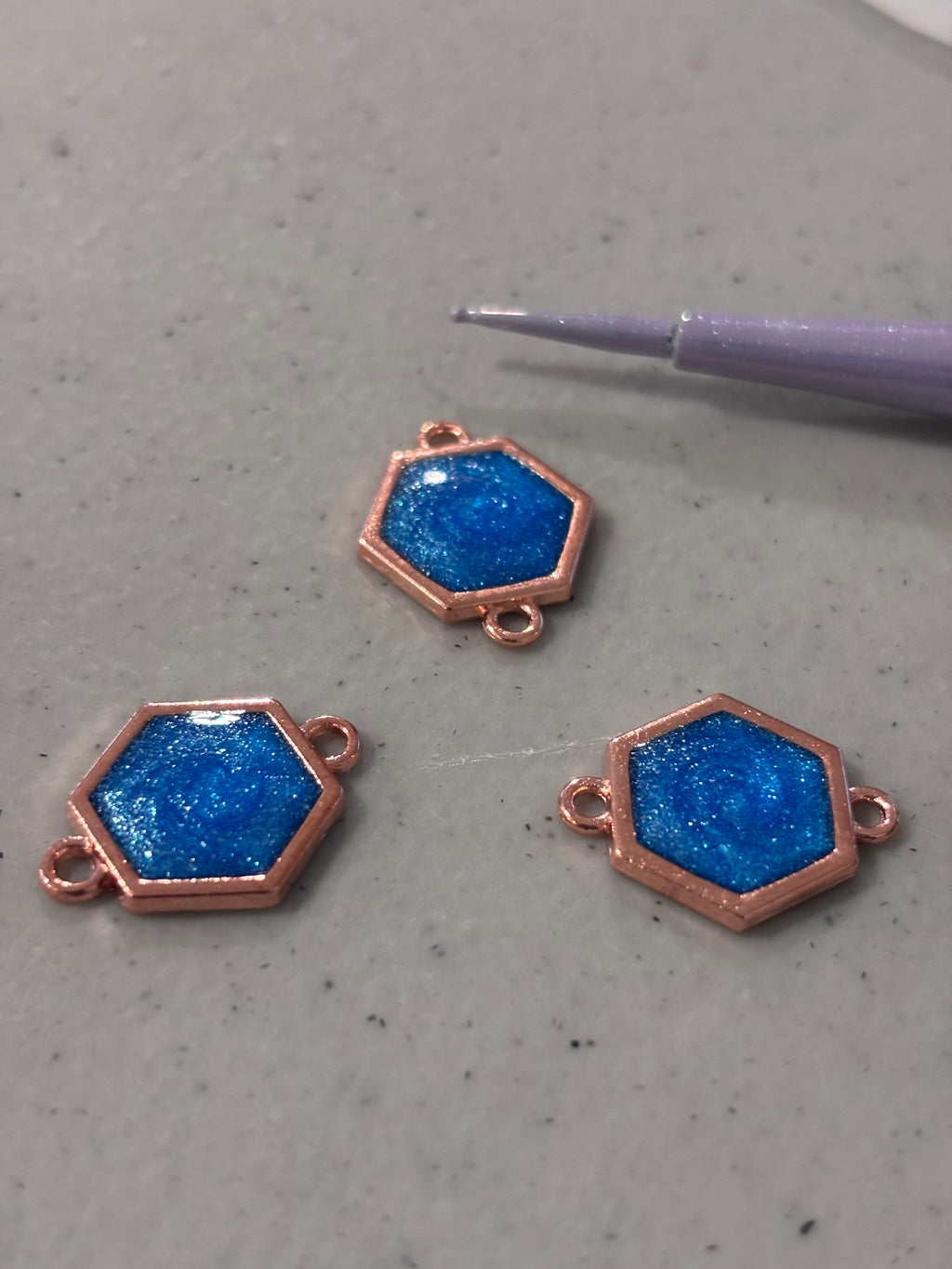 Blue Sparkle Hexagon Bracelet, Copper Geometric Link Bracelet 7.25”