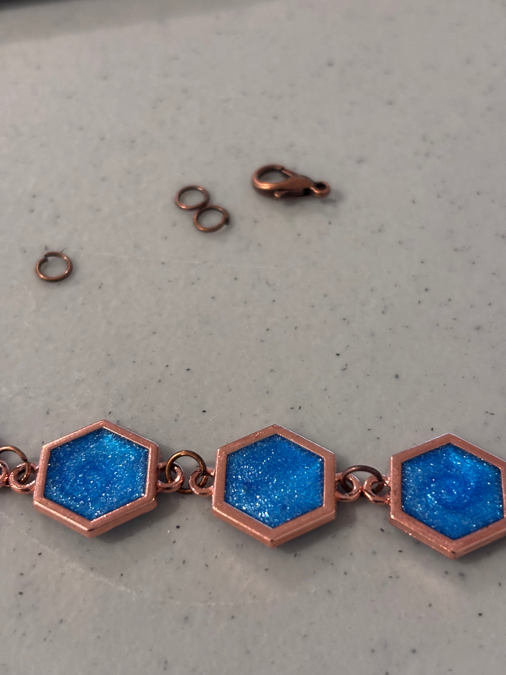 Blue Sparkle Hexagon Bracelet, Copper Geometric Link Bracelet 7.25”