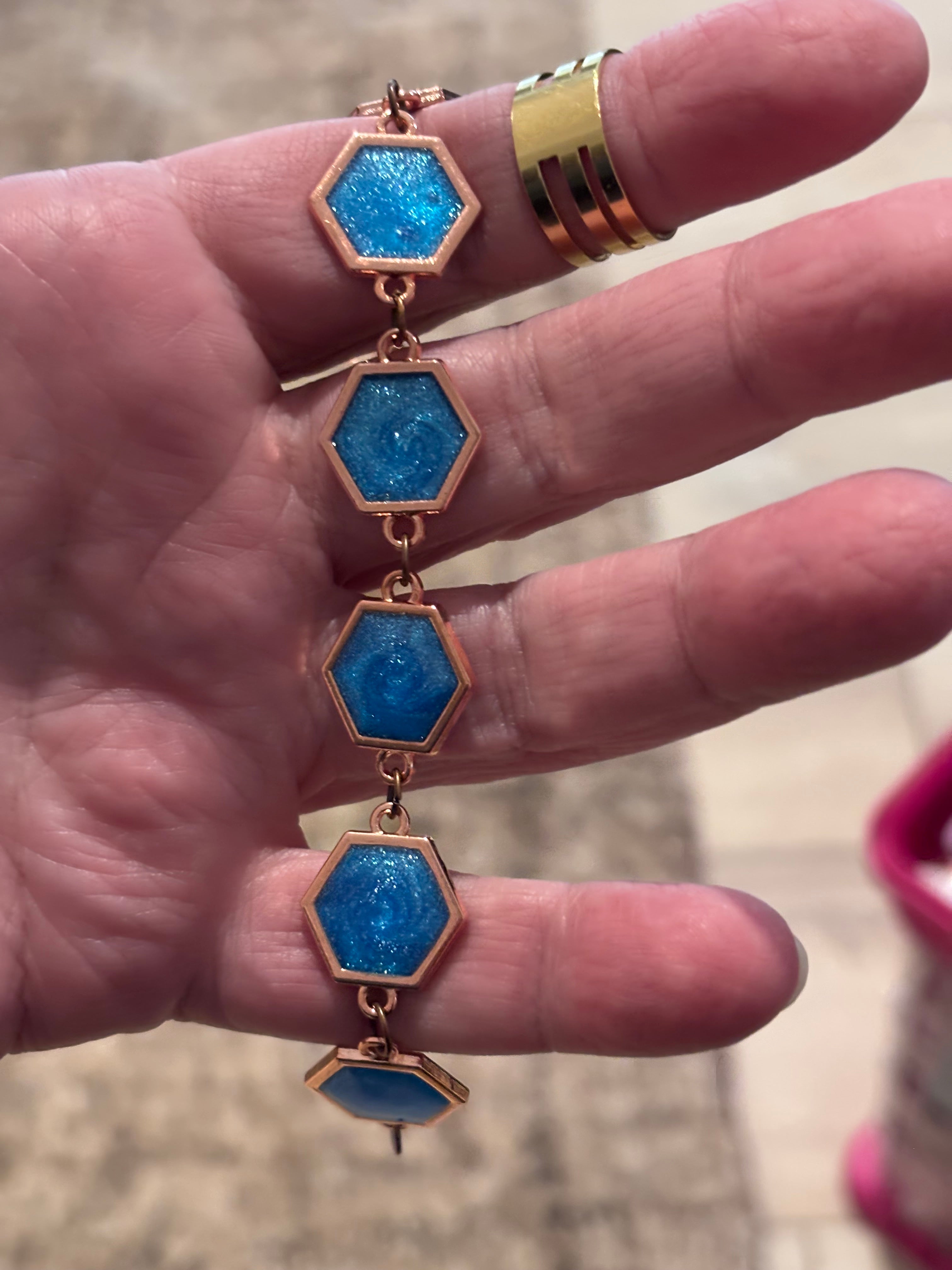 Blue Sparkle Hexagon Bracelet, Copper Geometric Link Bracelet 7.25”