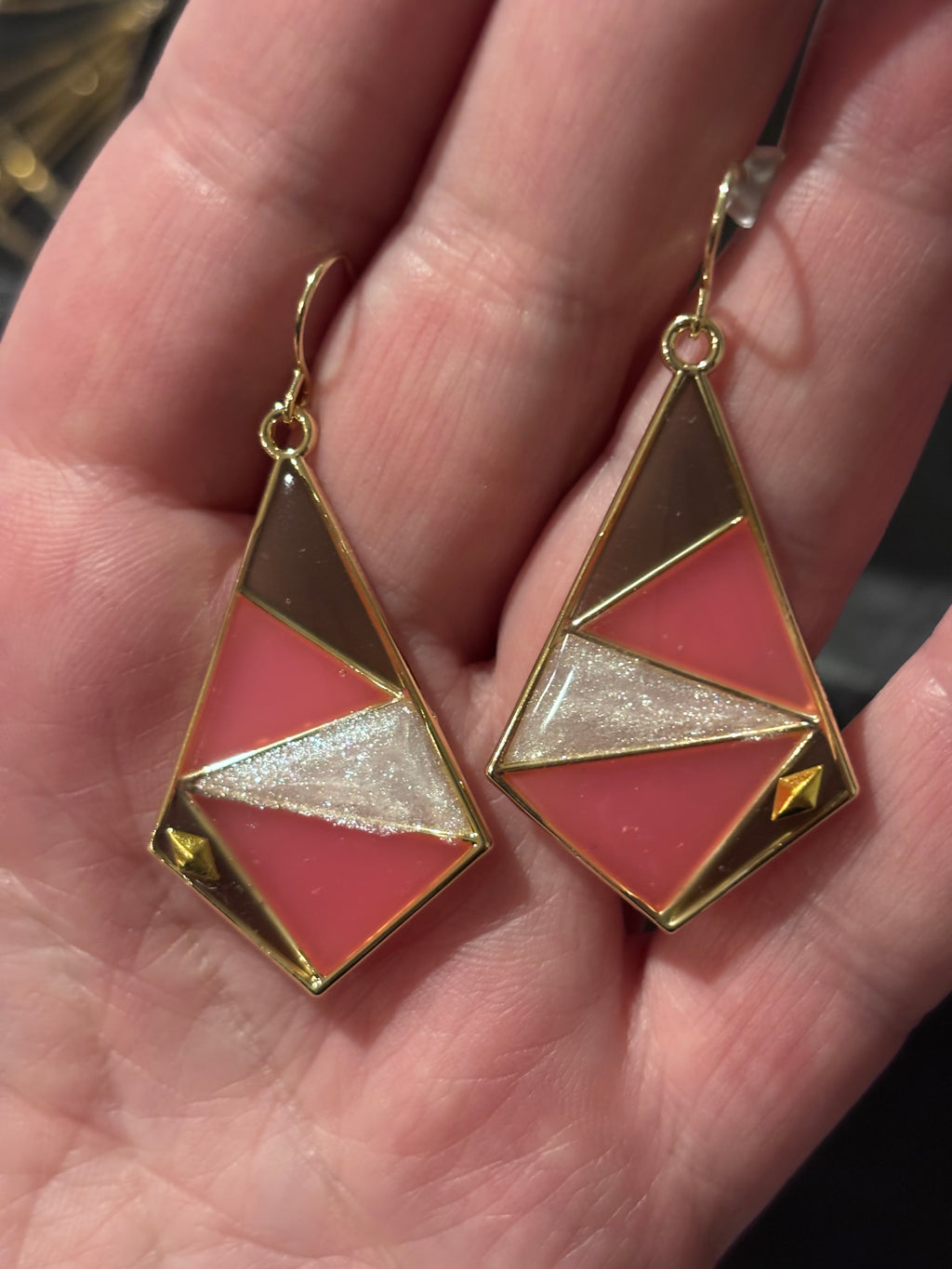 Coral and Soft Black Geometric Earrings – Gold Art Deco Statement Dangles