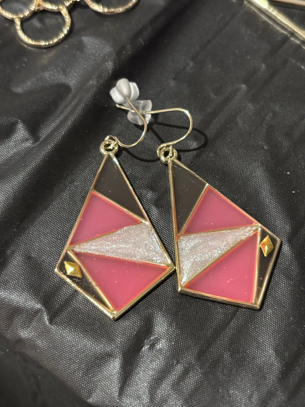 Coral and Soft Black Geometric Earrings – Gold Art Deco Statement Dangles