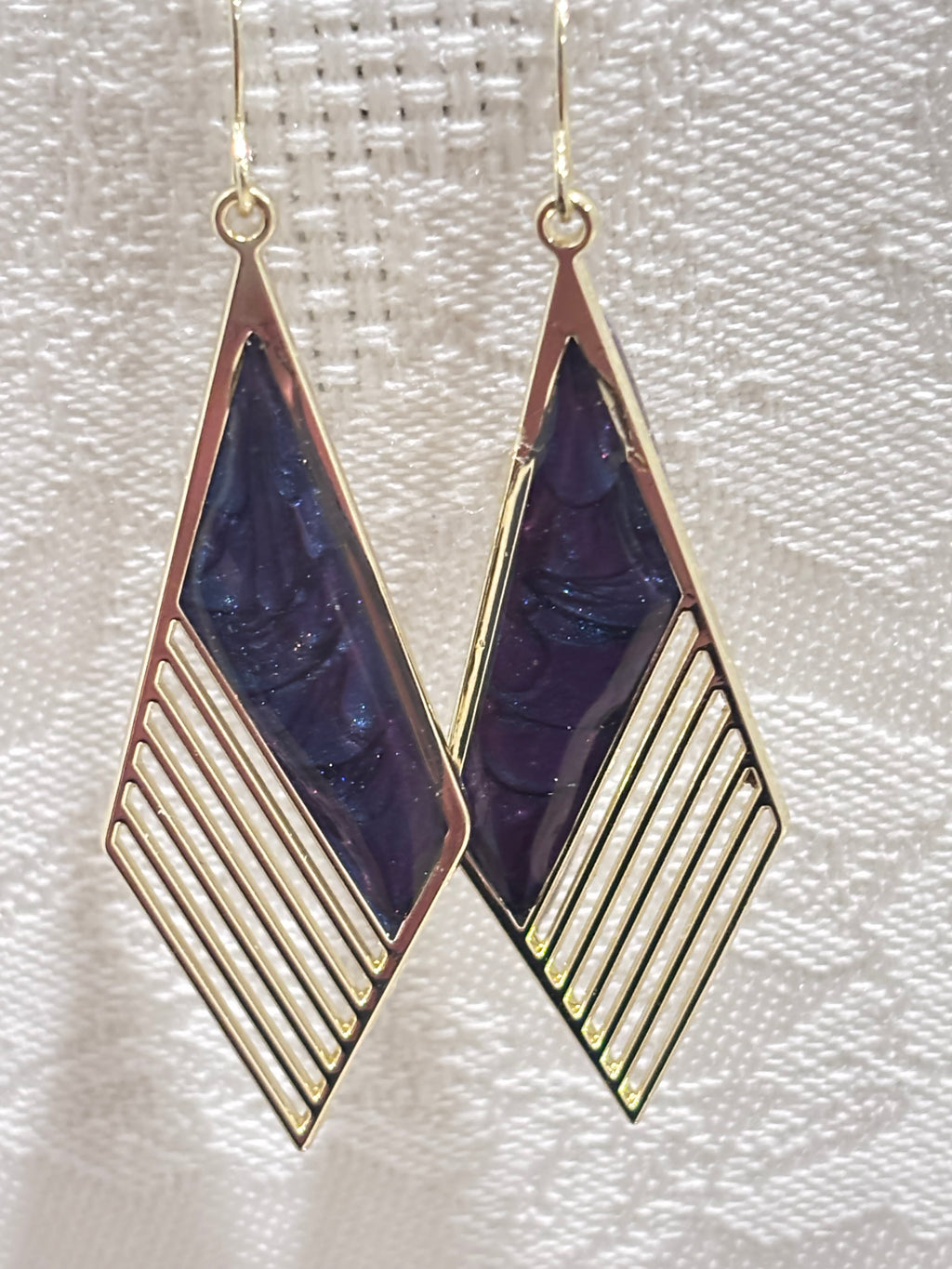 Purple Galaxy Dangle Earrings, Gold Geometric Cats Eye Resin Earrings, Celestial Statement Jewelry