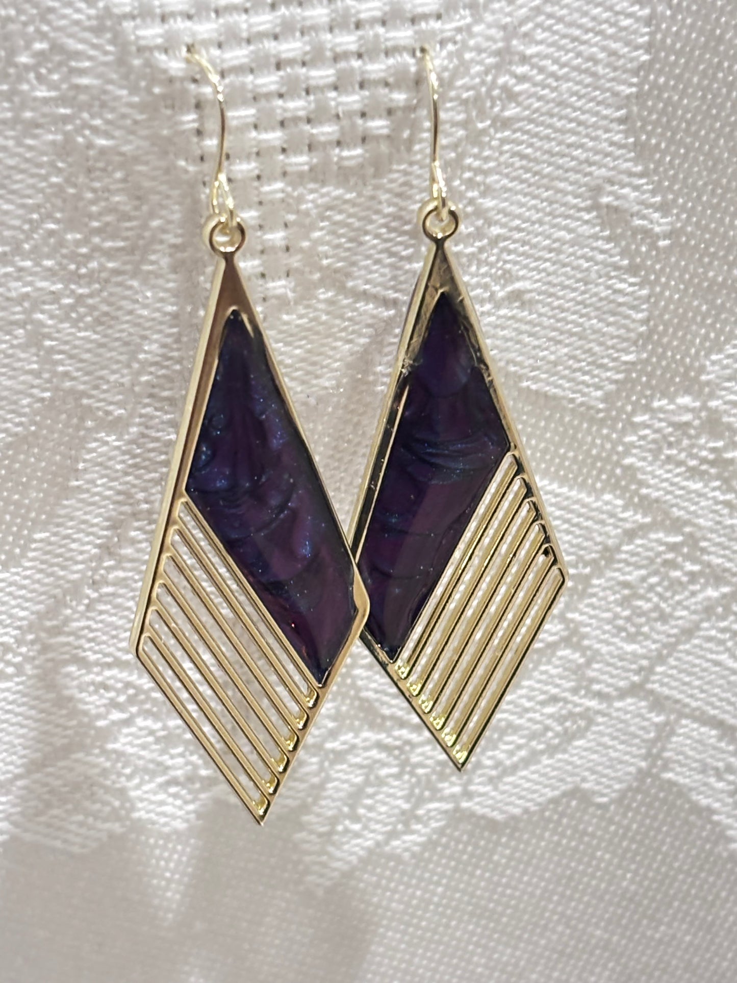 Purple Galaxy Dangle Earrings, Gold Geometric Cats Eye Resin Earrings, Celestial Statement Jewelry