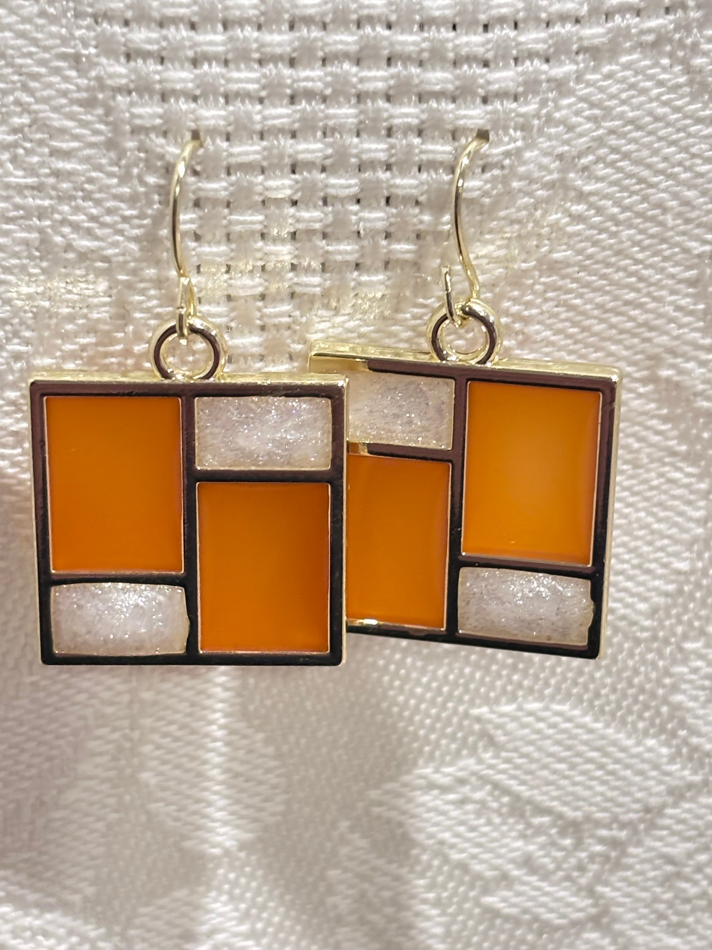 Retro Mod Orange Earrings – Gold Geometric Square Dangles