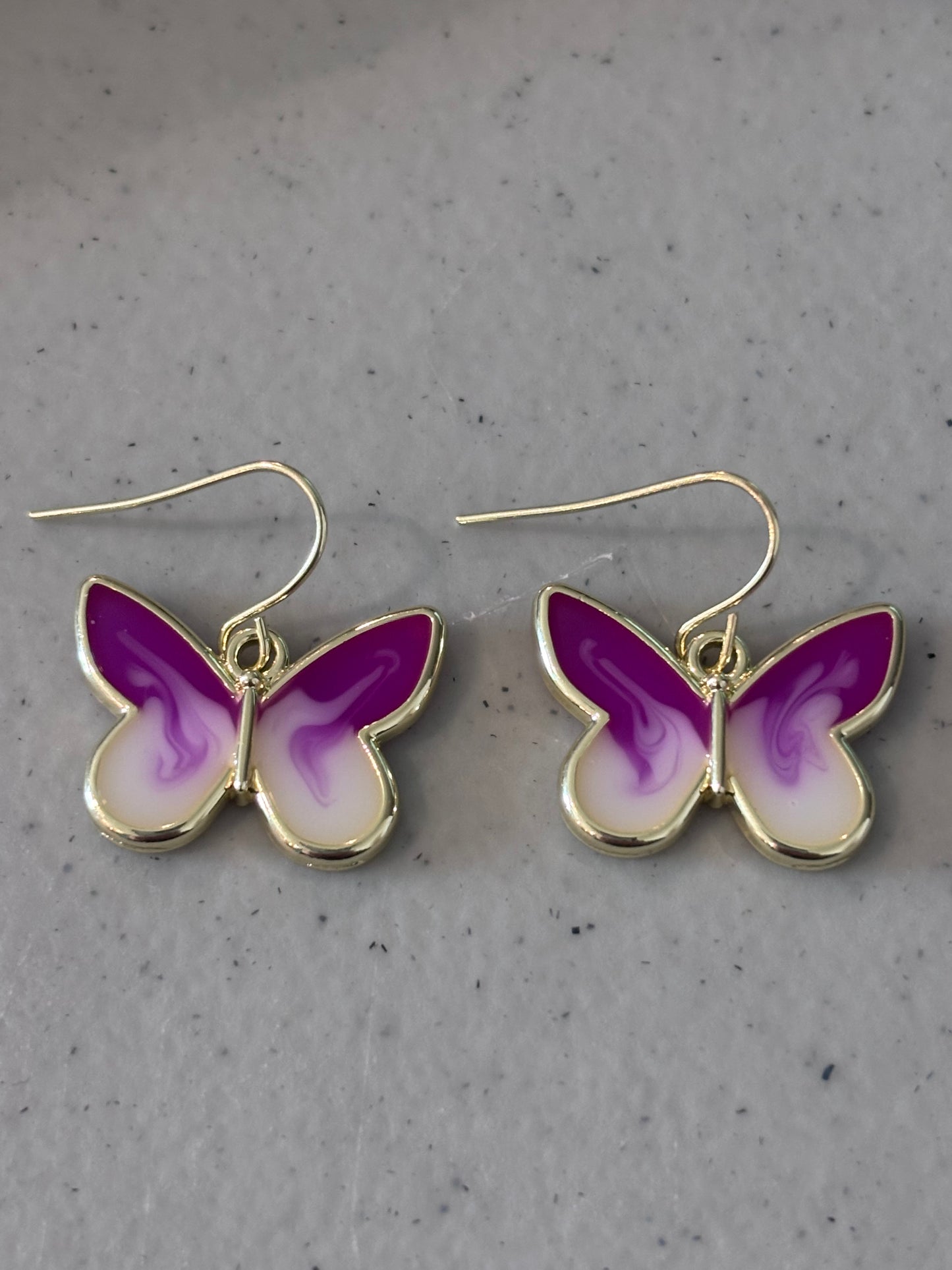 Lavender & Cream Butterfly Earrings – Gold Framed Swirl Resin Dangles