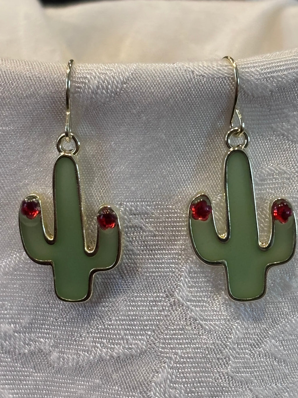 Green Cactus Dangle Earrings with Red Crystal Accent | Desert Jewelry | Southwest Style Earrings | Cute Botanical Earrings | Lightweight Gold Tone Dangles