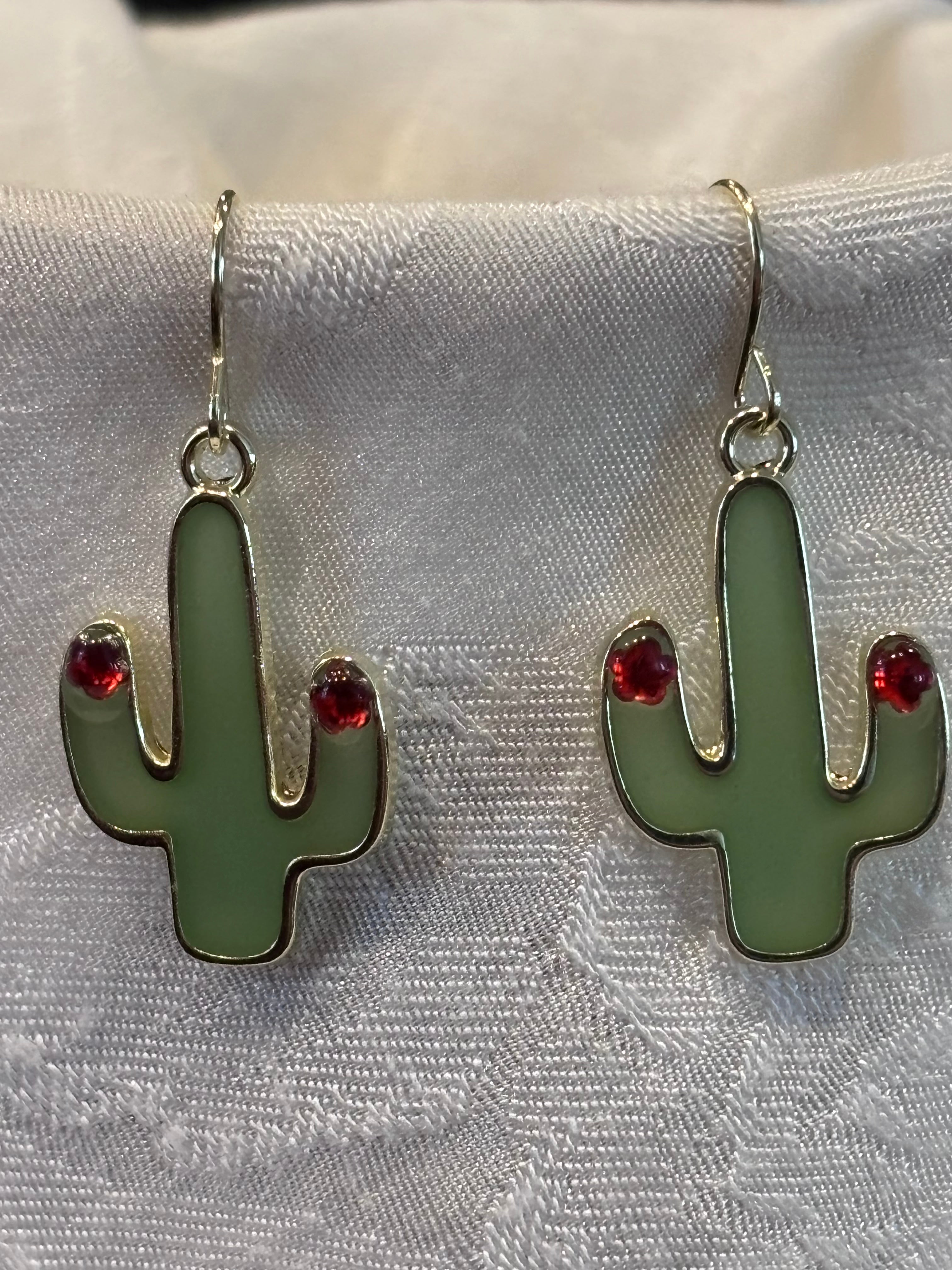 Green Cactus Dangle Earrings with Red Crystal Accent | Desert Jewelry | Southwest Style Earrings | Cute Botanical Earrings | Lightweight Gold Tone Dangles