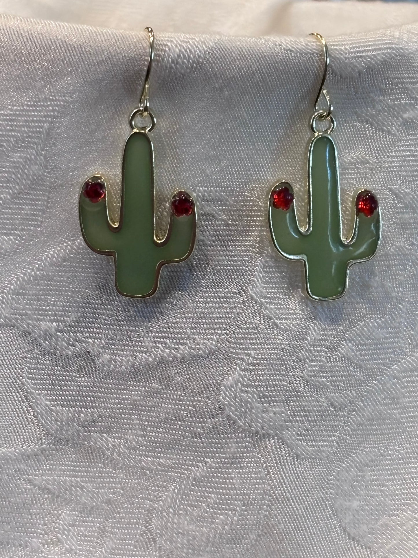 Green Cactus Dangle Earrings with Red Crystal Accent | Desert Jewelry | Southwest Style Earrings | Cute Botanical Earrings | Lightweight Gold Tone Dangles