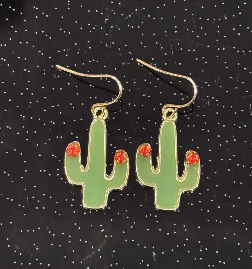Green Cactus Dangle Earrings with Red Crystal Accent | Desert Jewelry | Southwest Style Earrings | Cute Botanical Earrings | Lightweight Gold Tone Dangles