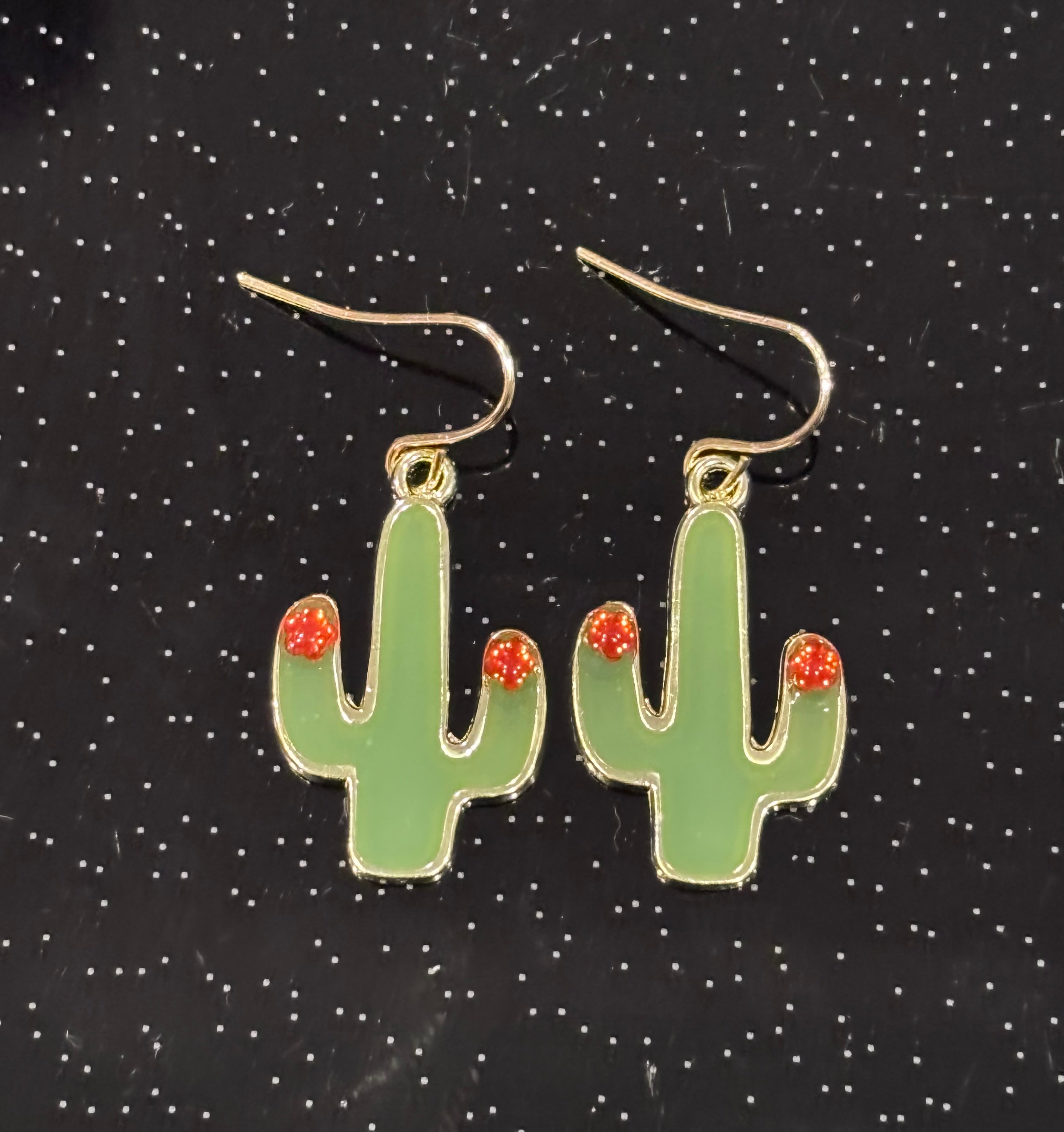Green Cactus Dangle Earrings with Red Crystal Accent | Desert Jewelry | Southwest Style Earrings | Cute Botanical Earrings | Lightweight Gold Tone Dangles
