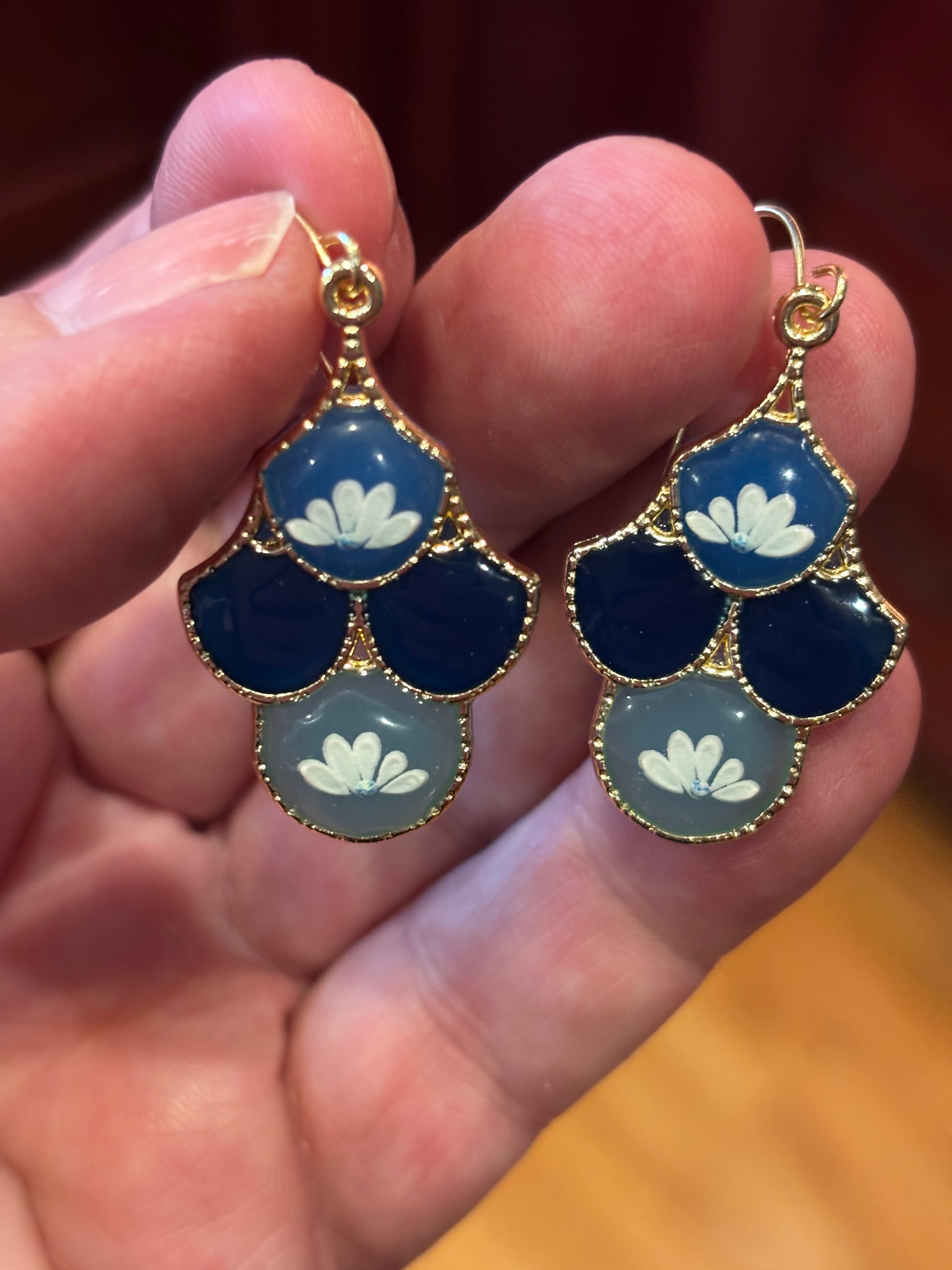 Blue Floral Dangle Earrings | Porcelain Style Resin Flower Earrings | Vintage Inspired Blue and White Jewelry | Lightweight Gold Tone Statement Earrings