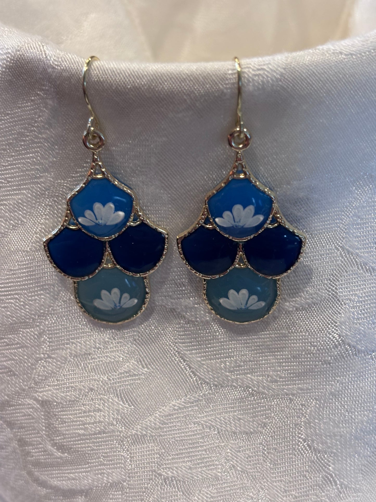 Blue Floral Dangle Earrings | Porcelain Style Resin Flower Earrings | Vintage Inspired Blue and White Jewelry | Lightweight Gold Tone Statement Earrings