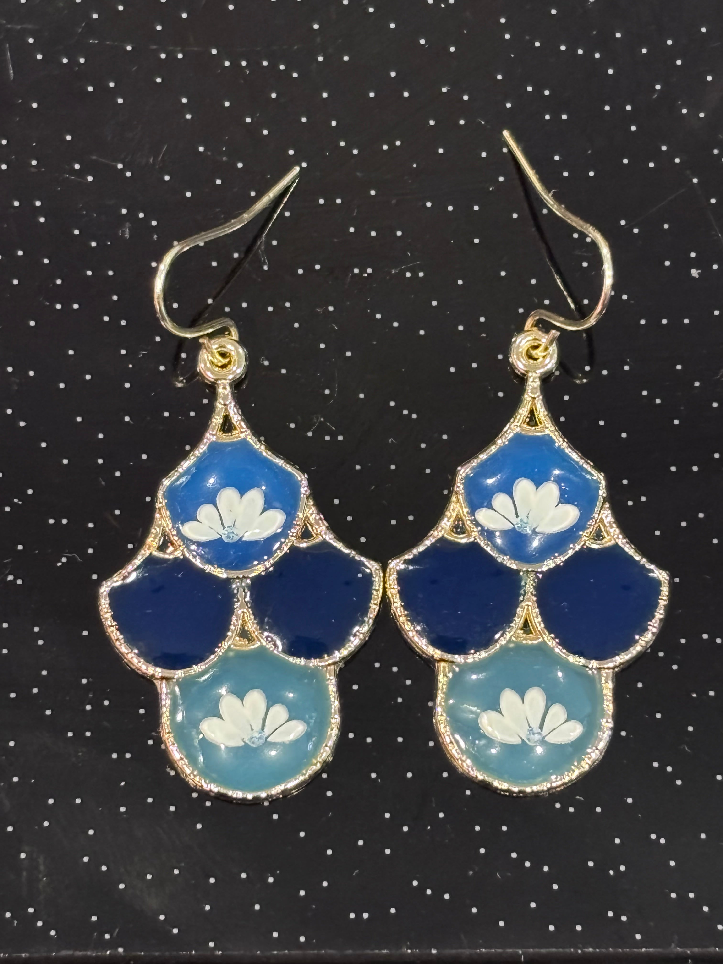 Blue Floral Dangle Earrings | Porcelain Style Resin Flower Earrings | Vintage Inspired Blue and White Jewelry | Lightweight Gold Tone Statement Earrings