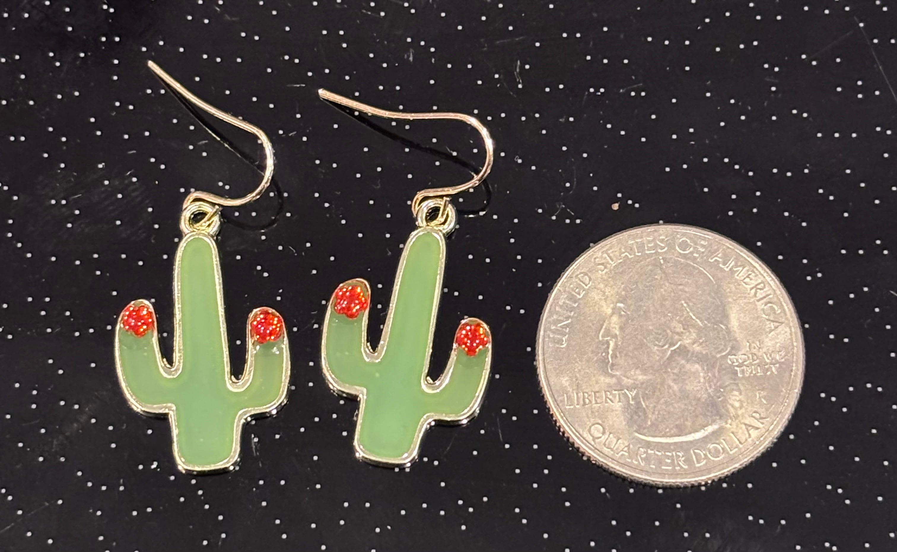 Green Cactus Dangle Earrings with Red Crystal Accent | Desert Jewelry | Southwest Style Earrings | Cute Botanical Earrings | Lightweight Gold Tone Dangles