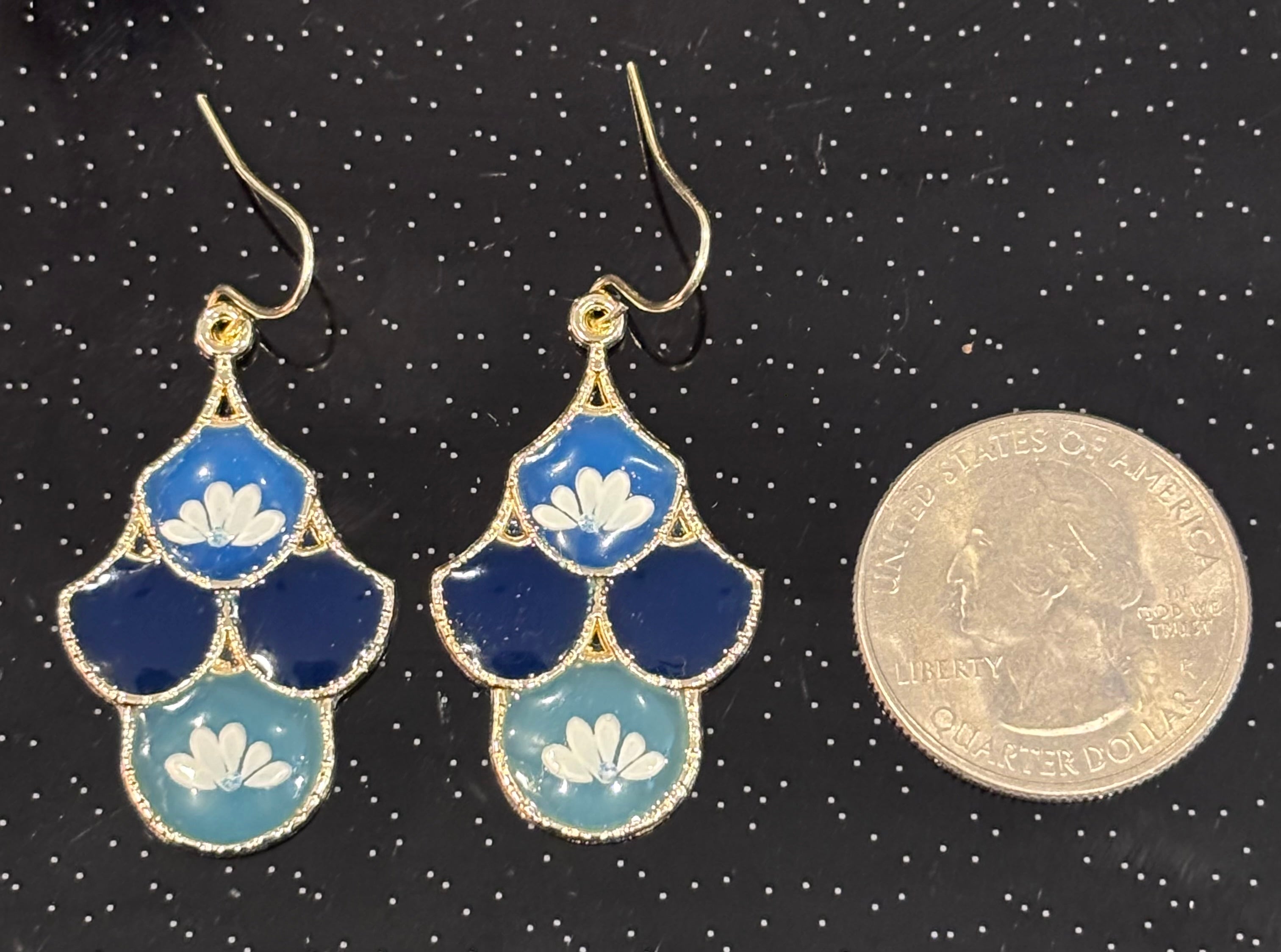 Blue Floral Dangle Earrings | Porcelain Style Resin Flower Earrings | Vintage Inspired Blue and White Jewelry | Lightweight Gold Tone Statement Earrings