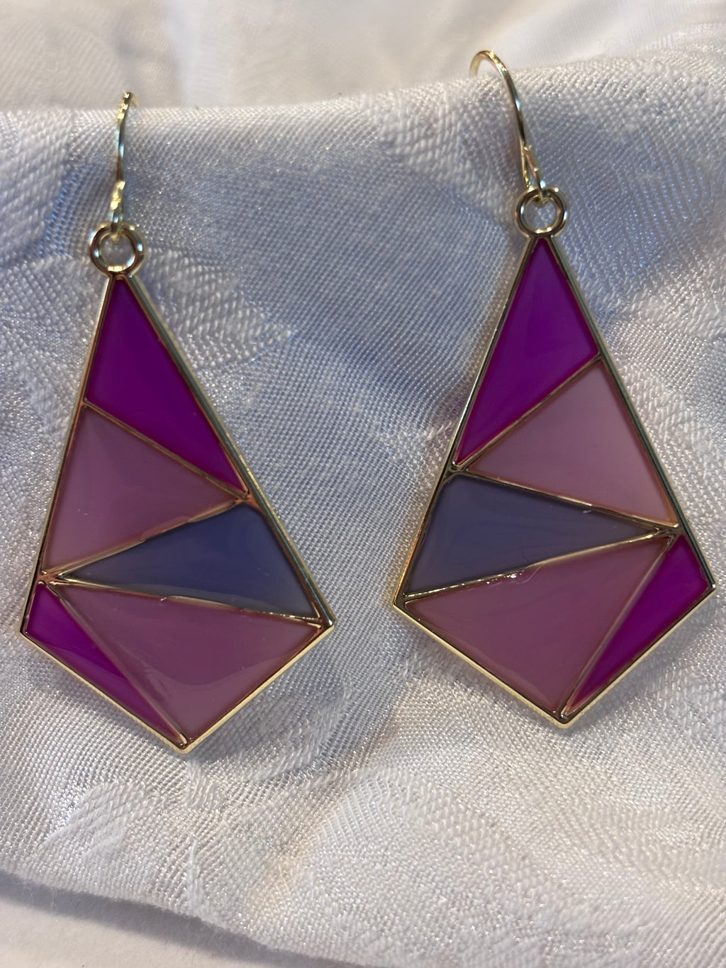 Pink and Purple Geometric Dangle Earrings | Color Block Statement Earrings | Modern Triangle Earrings | Gold Tone Stained Glass Style Jewelry | Bold Pink Drop Earrings