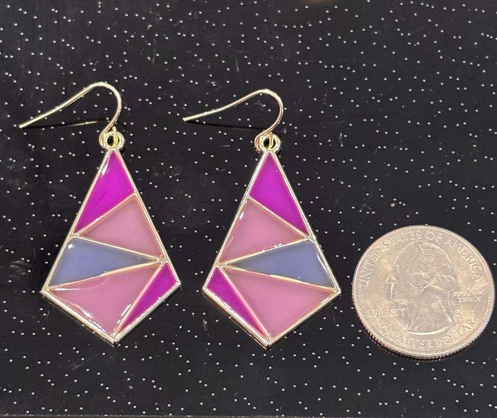 Pink and Purple Geometric Dangle Earrings | Color Block Statement Earrings | Modern Triangle Earrings | Gold Tone Stained Glass Style Jewelry | Bold Pink Drop Earrings