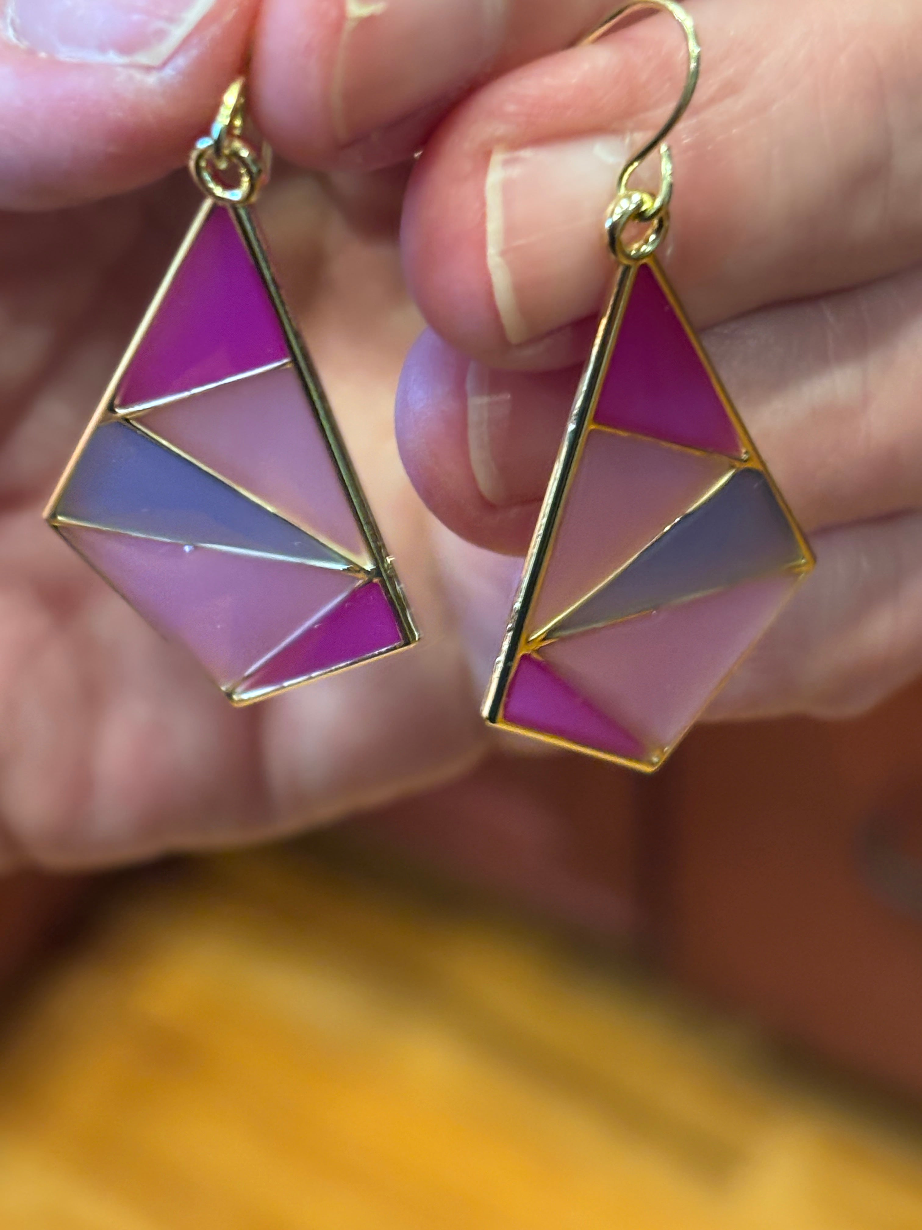 Pink and Purple Geometric Dangle Earrings | Color Block Statement Earrings | Modern Triangle Earrings | Gold Tone Stained Glass Style Jewelry | Bold Pink Drop Earrings