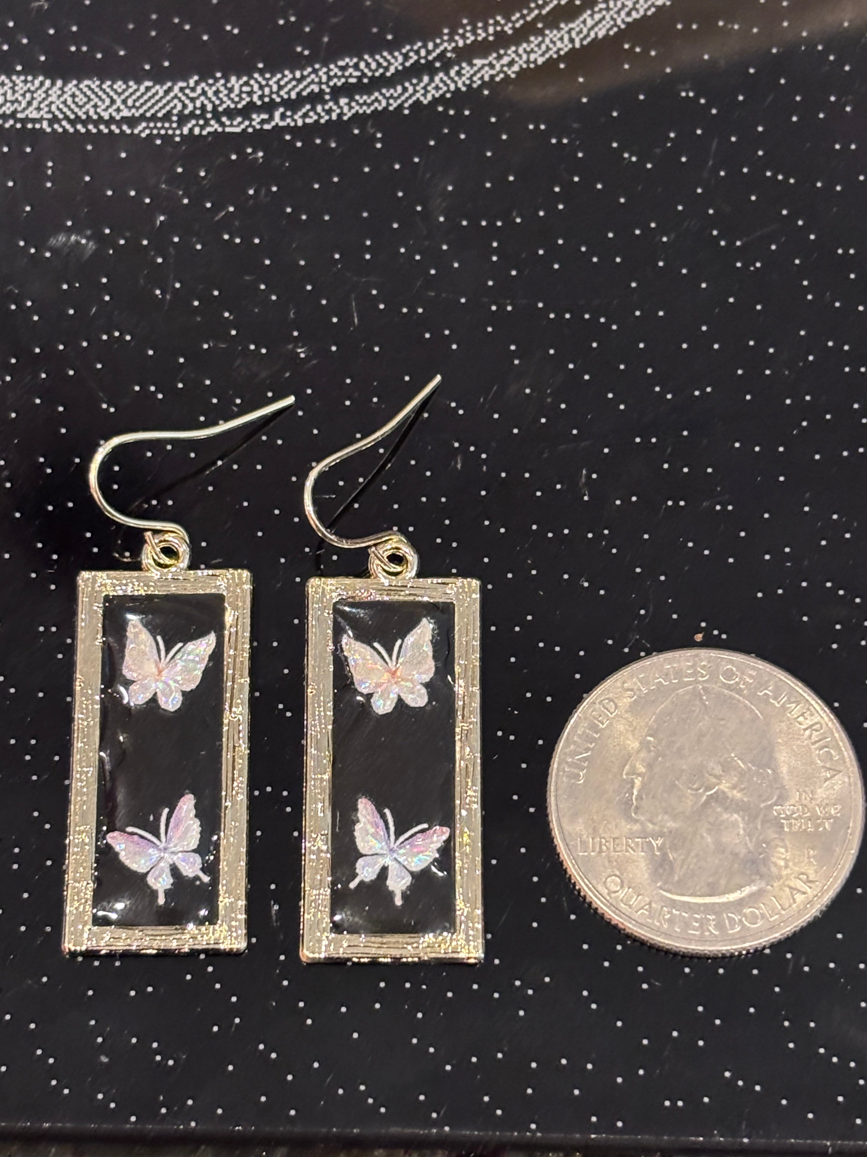 Iridescent Butterfly Dangle Earrings, Black Resin Butterfly Jewelry, Gold Frame Rectangle Earrings, Nature Inspired Statement Earrings