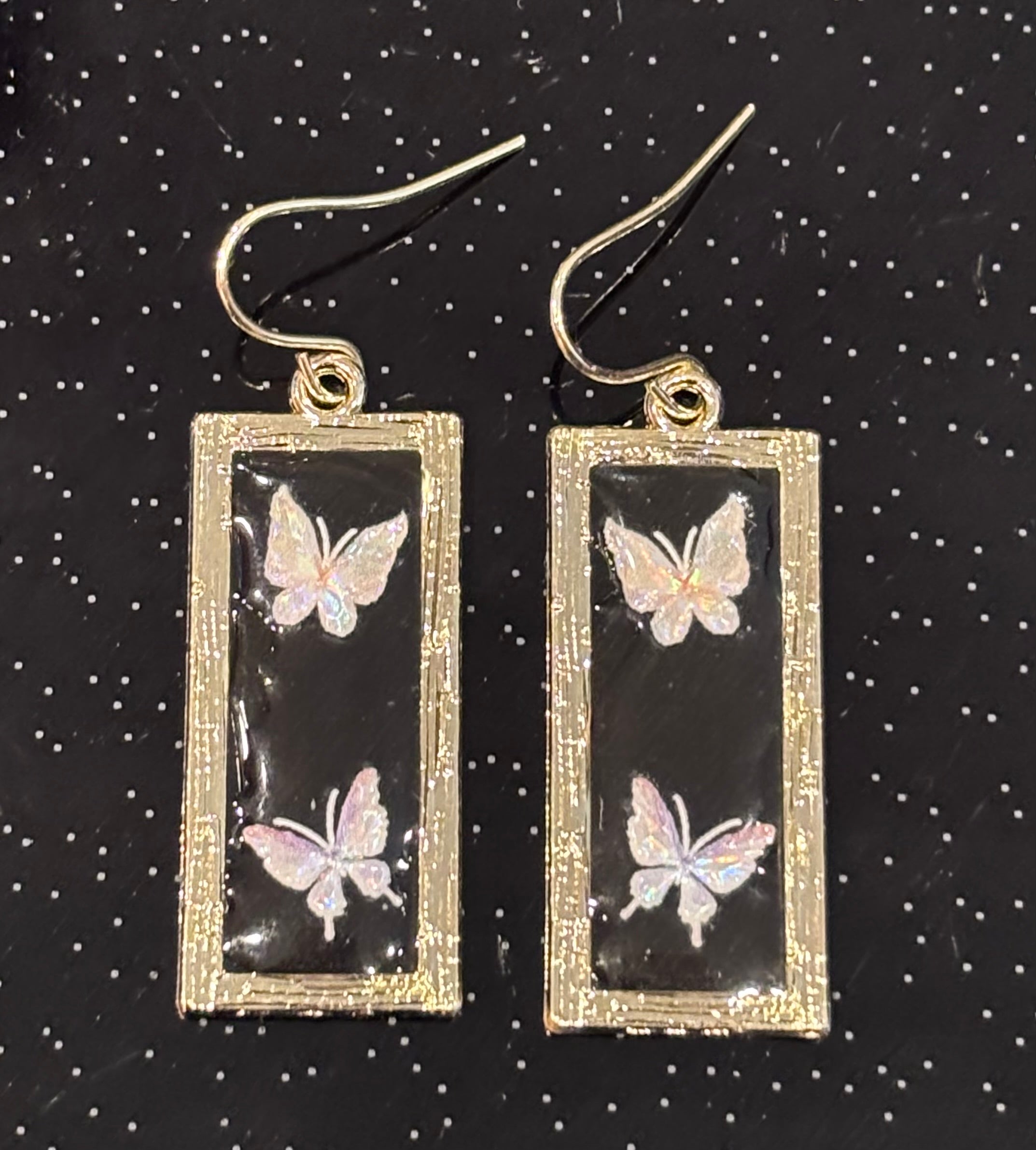 Iridescent Butterfly Dangle Earrings, Black Resin Butterfly Jewelry, Gold Frame Rectangle Earrings, Nature Inspired Statement Earrings
