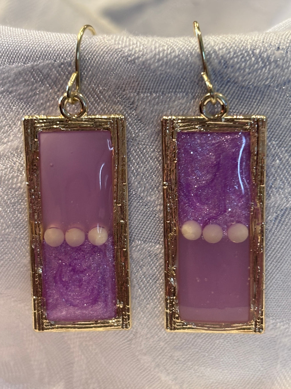 Pink Resin Petri Dangle Earrings, Lavender Glitter Rectangle Earrings, Gold Frame Statement Earrings, Handmade Style Jewelry Gift