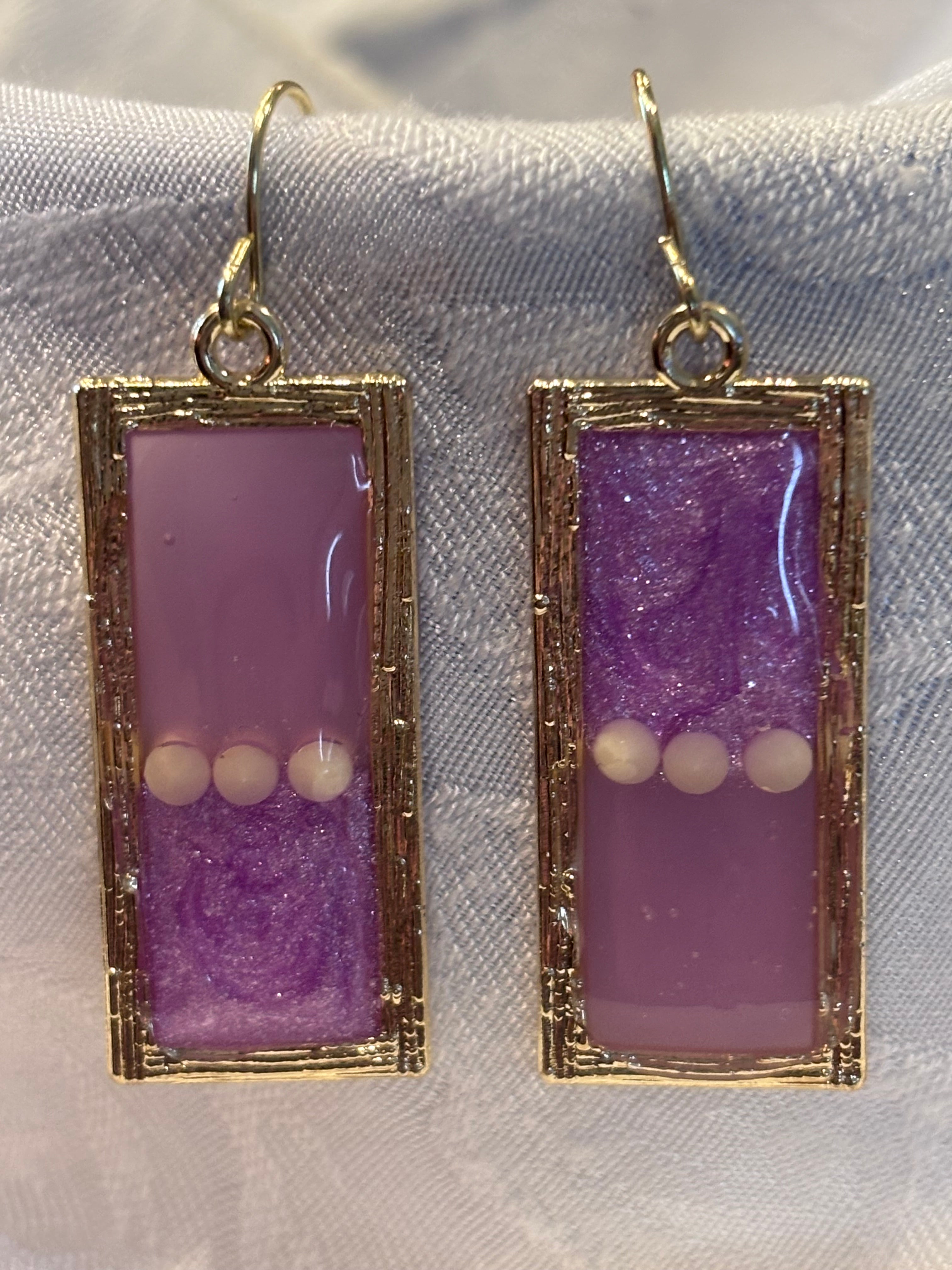 Pink Resin Petri Dangle Earrings, Lavender Glitter Rectangle Earrings, Gold Frame Statement Earrings, Handmade Style Jewelry Gift