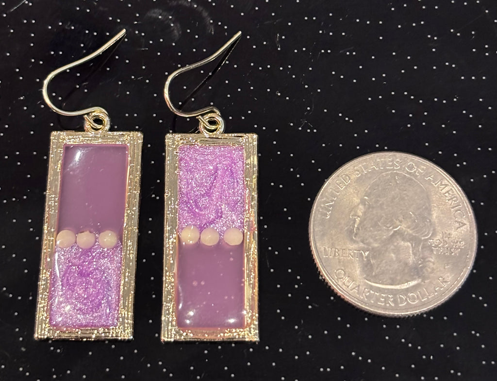 Pink Resin Petri Dangle Earrings, Lavender Glitter Rectangle Earrings, Gold Frame Statement Earrings, Handmade Style Jewelry Gift