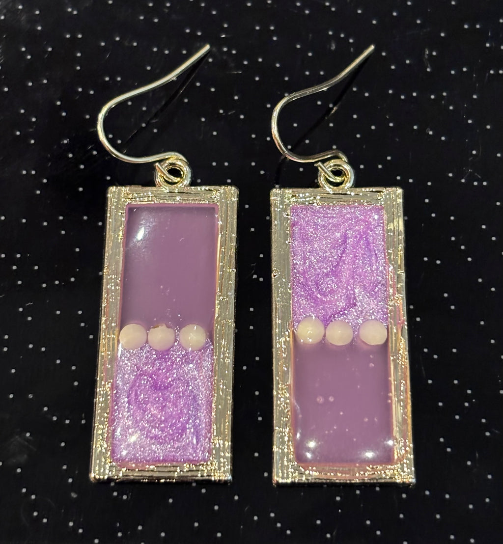 Pink Resin Petri Dangle Earrings, Lavender Glitter Rectangle Earrings, Gold Frame Statement Earrings, Handmade Style Jewelry Gift