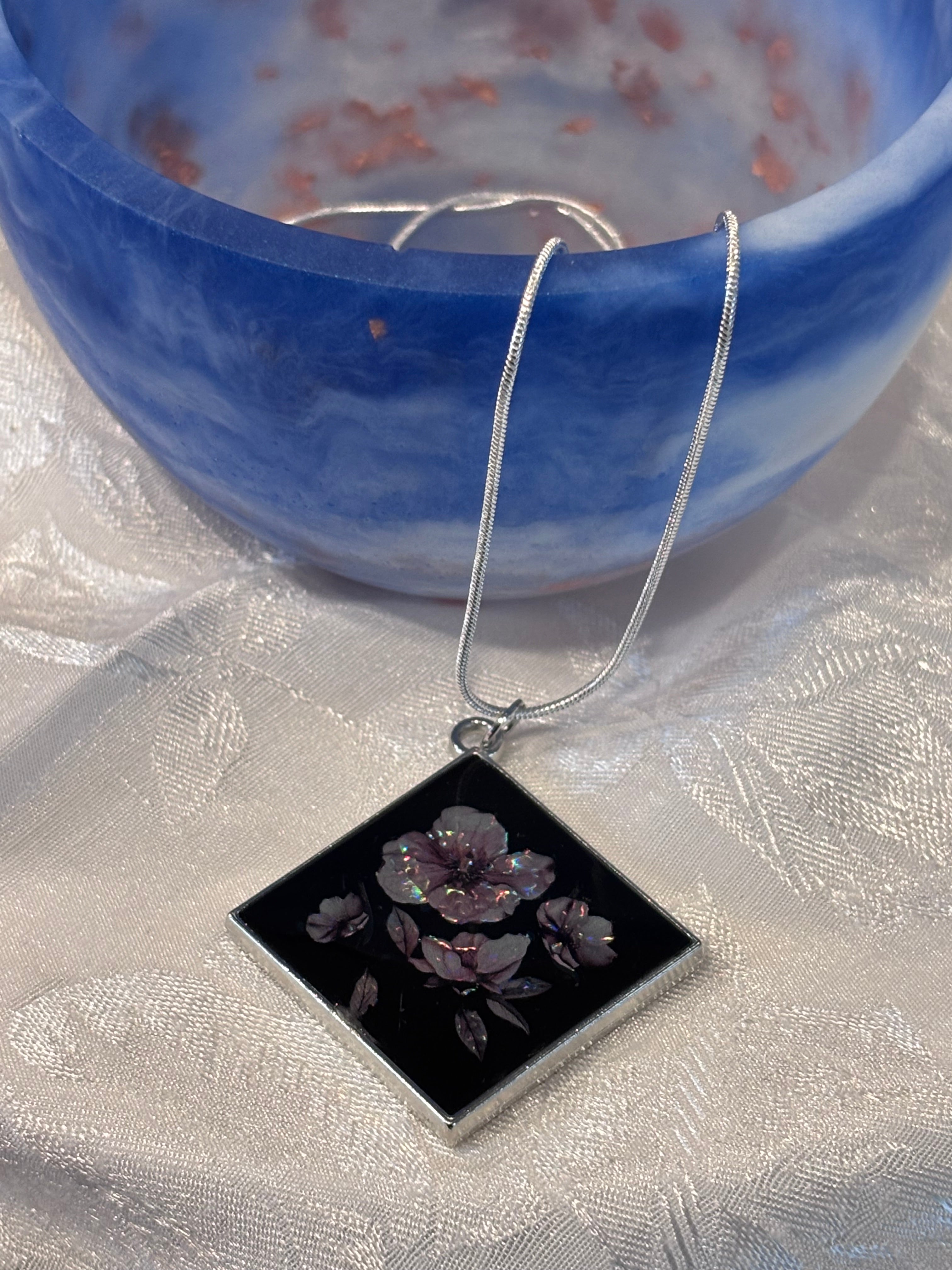 Pressed Flower Look Resin Pendant Necklace, Iridescent Floral Jewelry, Black Botanical Pendant, Silver Snake Chain Necklace Gift