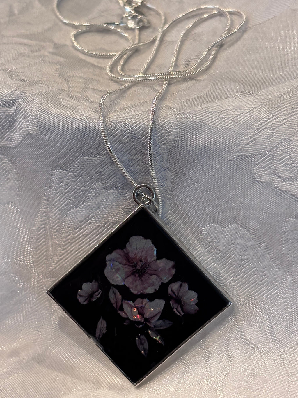 Pressed Flower Look Resin Pendant Necklace, Iridescent Floral Jewelry, Black Botanical Pendant, Silver Snake Chain Necklace Gift