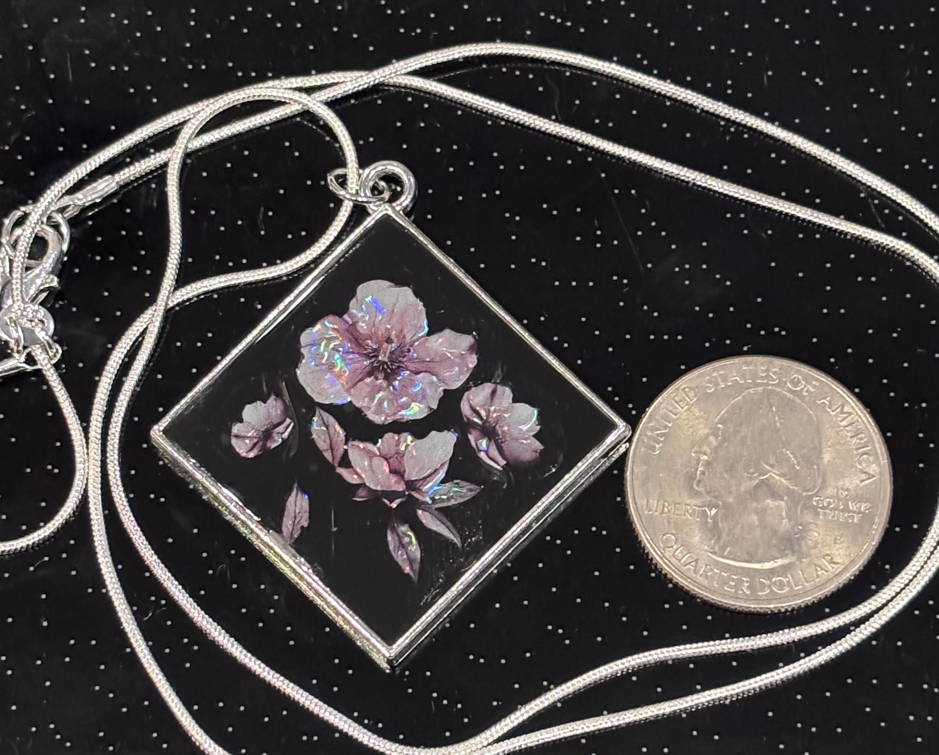 Pressed Flower Look Resin Pendant Necklace, Iridescent Floral Jewelry, Black Botanical Pendant, Silver Snake Chain Necklace Gift