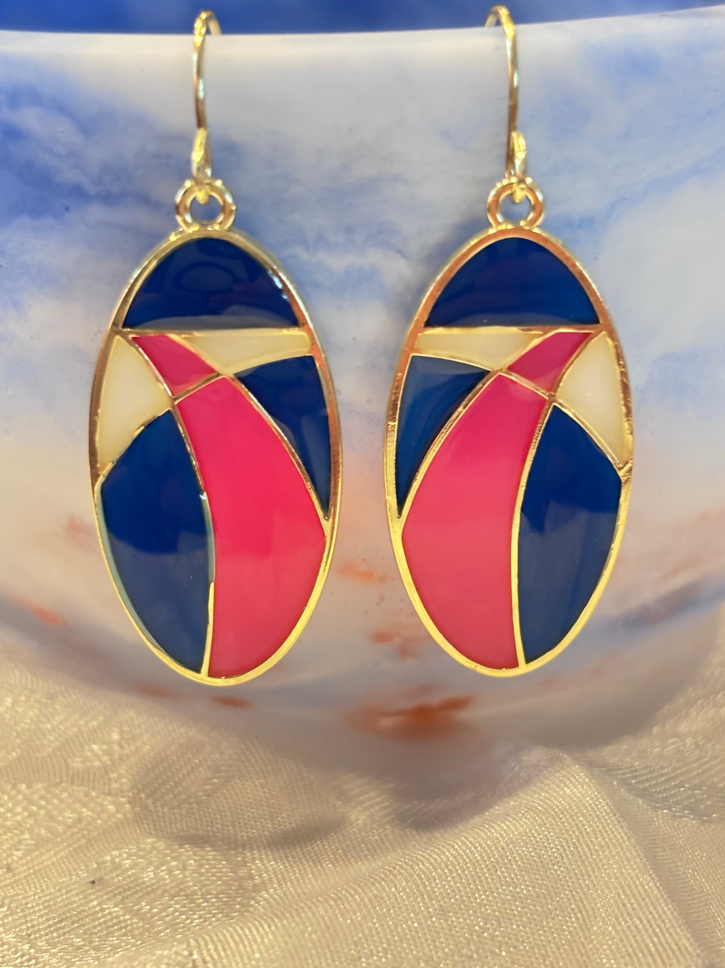 Retro Color Block Oval Dangle Earrings, Red White Blue Geometric Earrings, Art Deco Inspired Statement Jewelry, Bold Modern Earrings