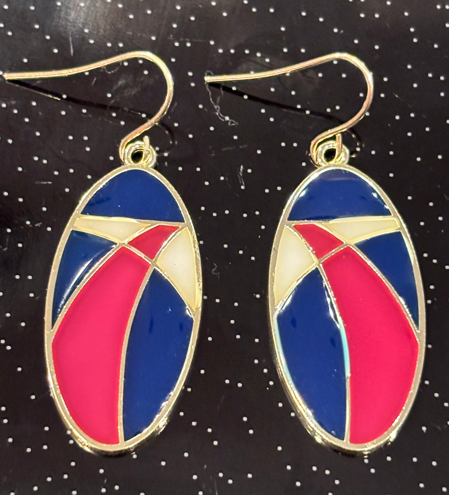 Retro Color Block Oval Dangle Earrings, Red White Blue Geometric Earrings, Art Deco Inspired Statement Jewelry, Bold Modern Earrings