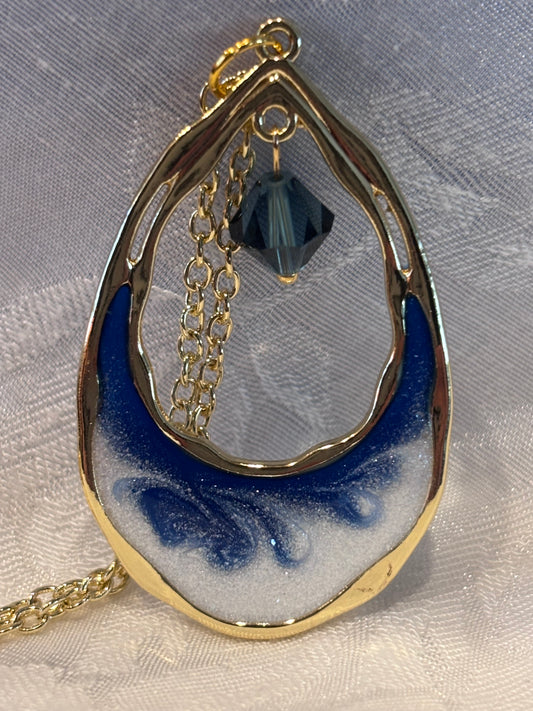 Ocean Resin Necklace, Blue Teardrop Pendant Necklace, Coastal Jewelry, Light & Deep Ocean Styles, Gold Frame Crystal Necklace, Beach Gift