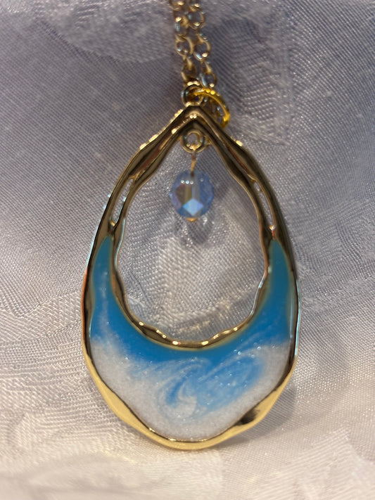 Ocean Resin Necklace, Blue Teardrop Pendant Necklace, Coastal Jewelry, Light & Deep Ocean Styles, Gold Frame Crystal Necklace, Beach Gift