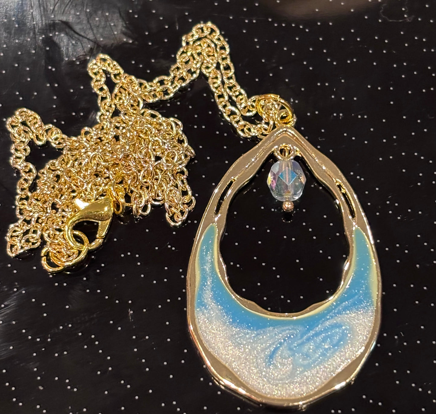 Ocean Resin Necklace, Blue Teardrop Pendant Necklace, Coastal Jewelry, Light & Deep Ocean Styles, Gold Frame Crystal Necklace, Beach Gift