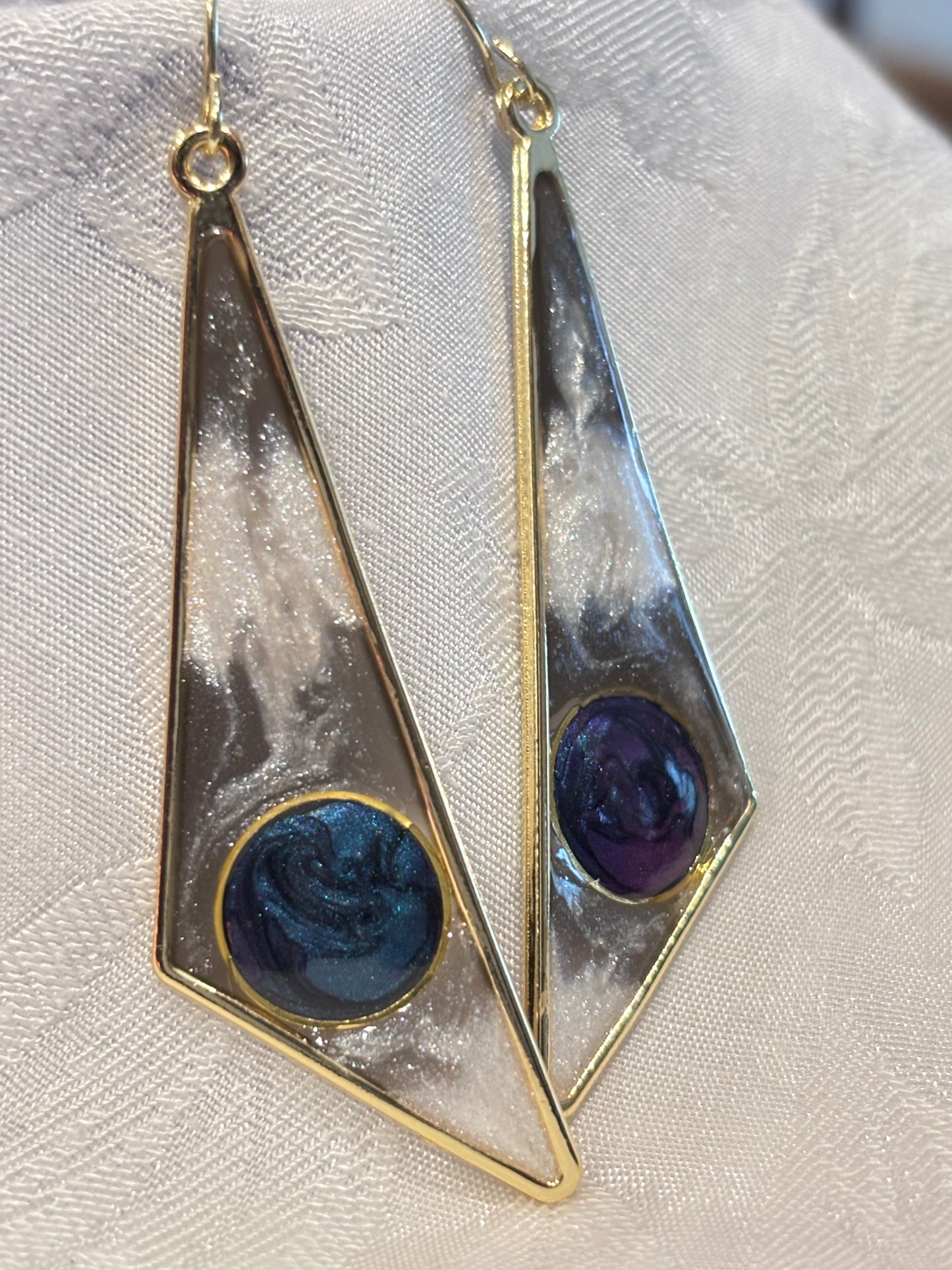 Geometric Galaxy Dangle Earrings, Celestial Statement Earrings, Long Triangle Earrings, Modern Resin Jewelry, Gold Drop Earrings