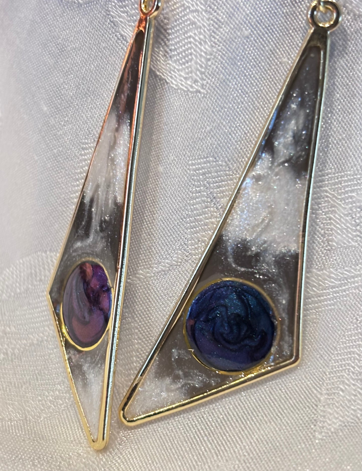 Geometric Galaxy Dangle Earrings, Celestial Statement Earrings, Long Triangle Earrings, Modern Resin Jewelry, Gold Drop Earrings